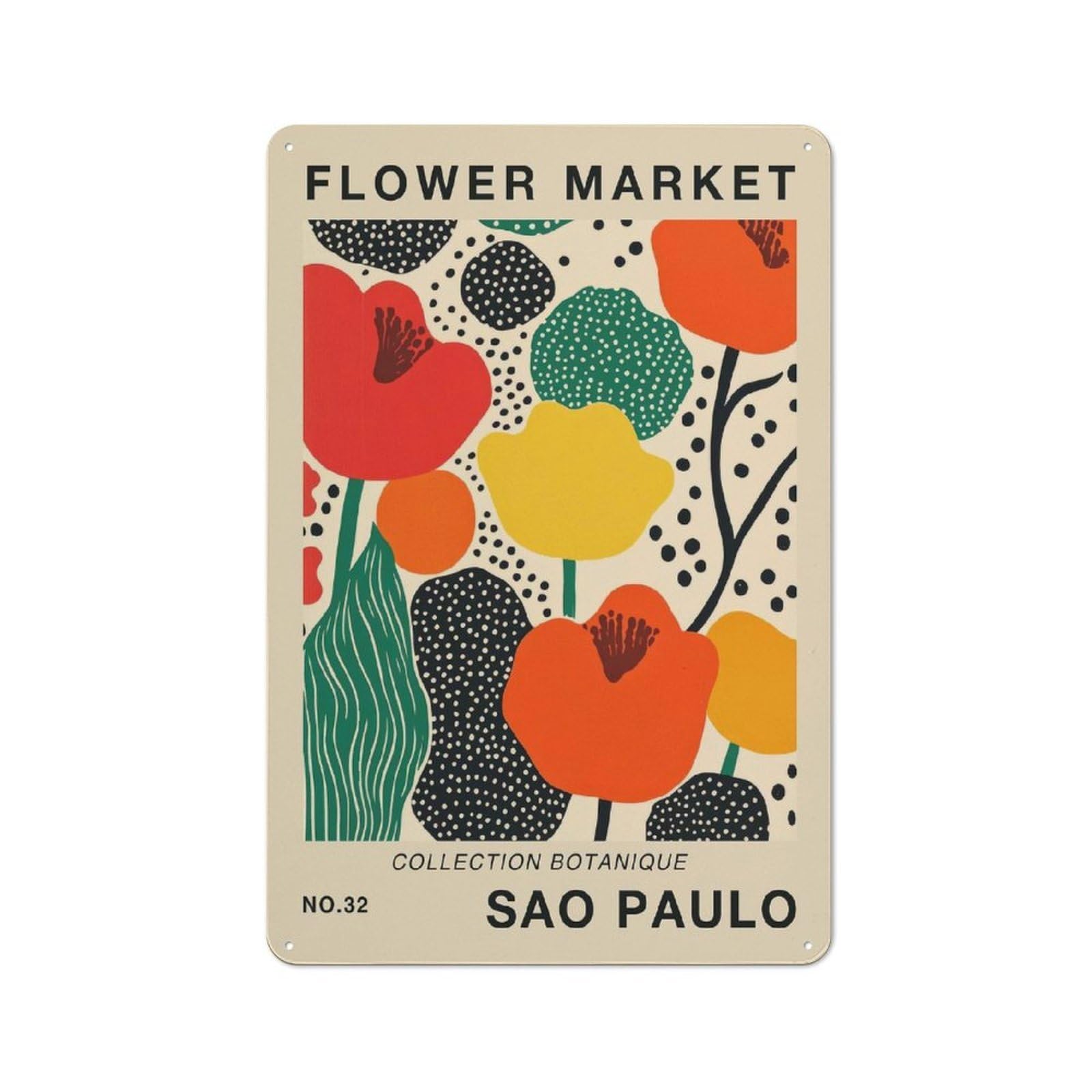 Junmoney Style-24 Tin Sign 30X20cm With Sao Paulo Flower Market Print For Garage Wall, Retro-Style Decor, For Room Styling Across Garages And Workshops