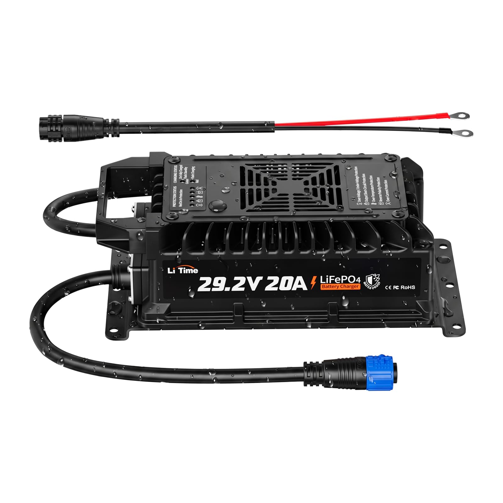 LiTime Caricabatterie LiFePO4 24V 20A, Caricatore Batteria Litio 24 Volt IP67 Impermeabile con Attivazione Batteria, Caricatore Intelligente AC-DC a 3 Stadi per Camper, Barca e Sistema Solare