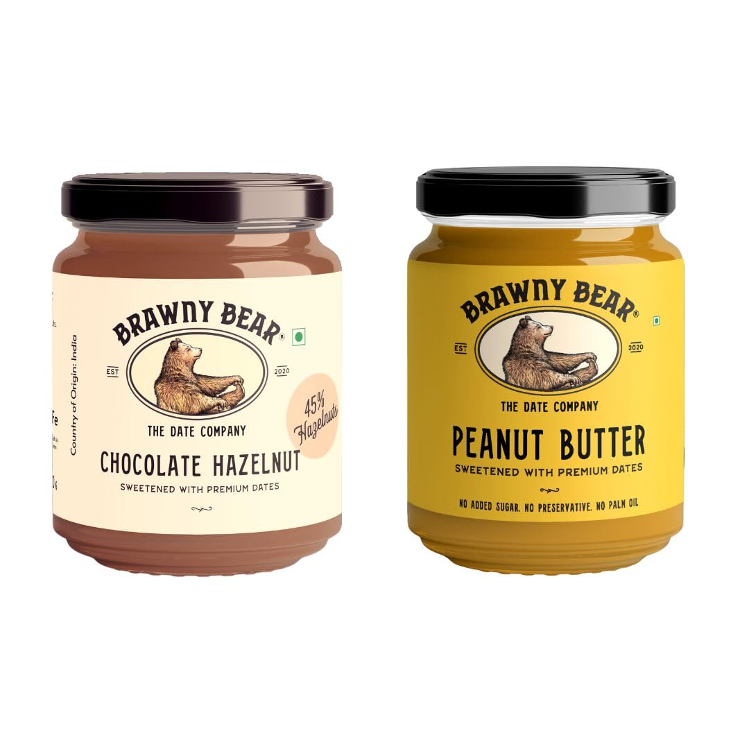 Brawny Bear Peanut Butter & Chocolate Hazelnut Spread with 45% Hazelnuts, 100% Natural Sweetened with Dates, Healthy, No Added Sugar & Preservative, No Palm Oil, Vegan, Pack of 2-400 g (200g each) (B0D96JJWSB) Amazon Price History, Amazon Price Tracker