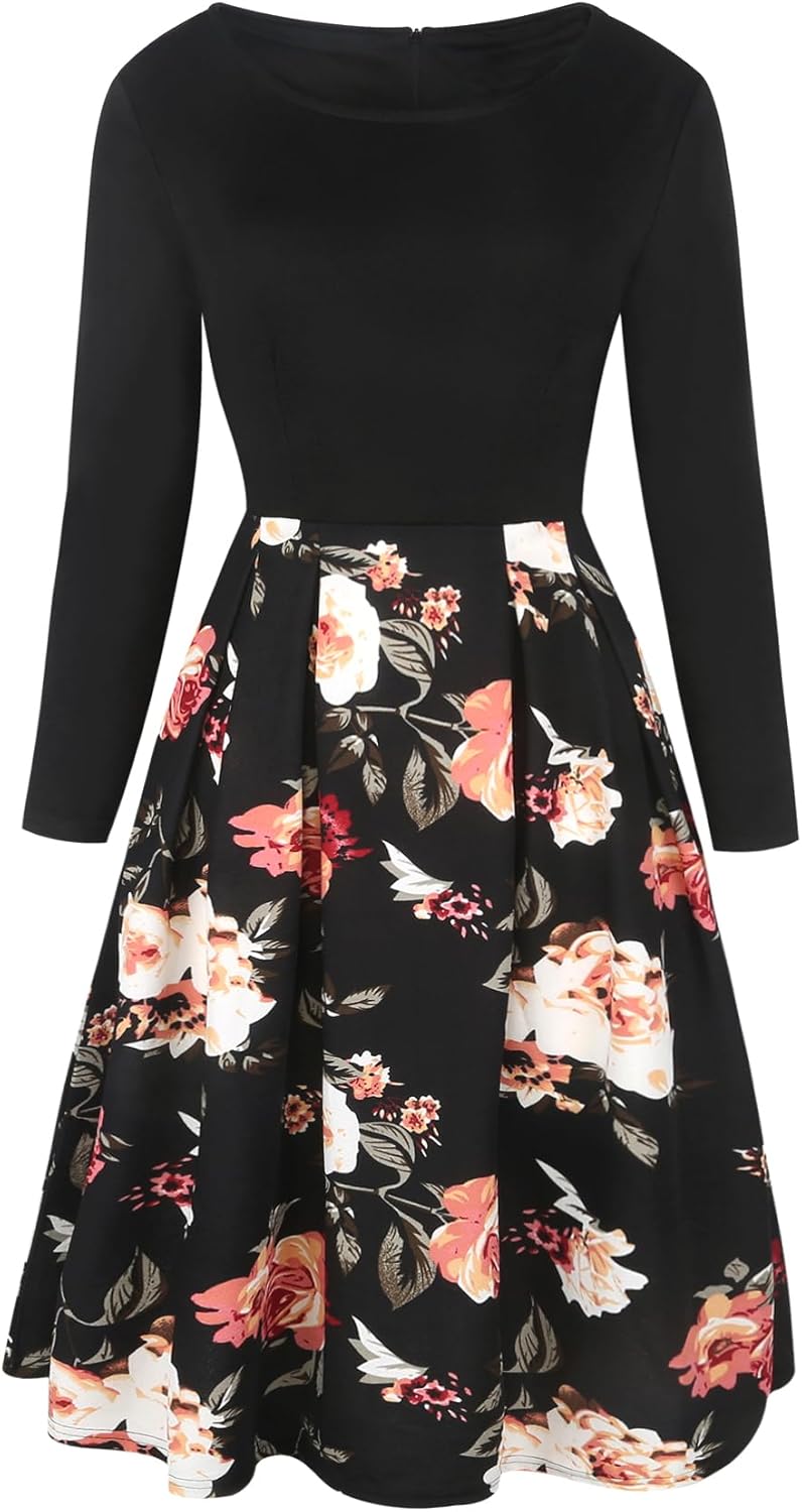 oxiuly Women's Vintage Patchwork Pockets Puffy Swing Casual Party Dress OX165 - Image 4