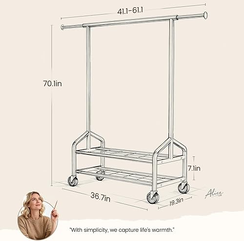 Miniatura 8 de Perchero de ropa resistente, perchero con ruedas para colgar ropa con 2 estantes resistentes con carga de 650 libras, perchero de metal con ruedas