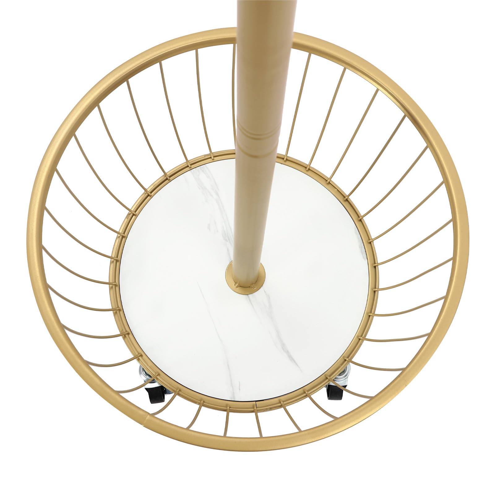 Perchero de entrada con cesta de almacenamiento, perchero de pie con cesta de almacenamiento y bicicleta móvil, 6 ganchos, altura 168 cm (dorado)
