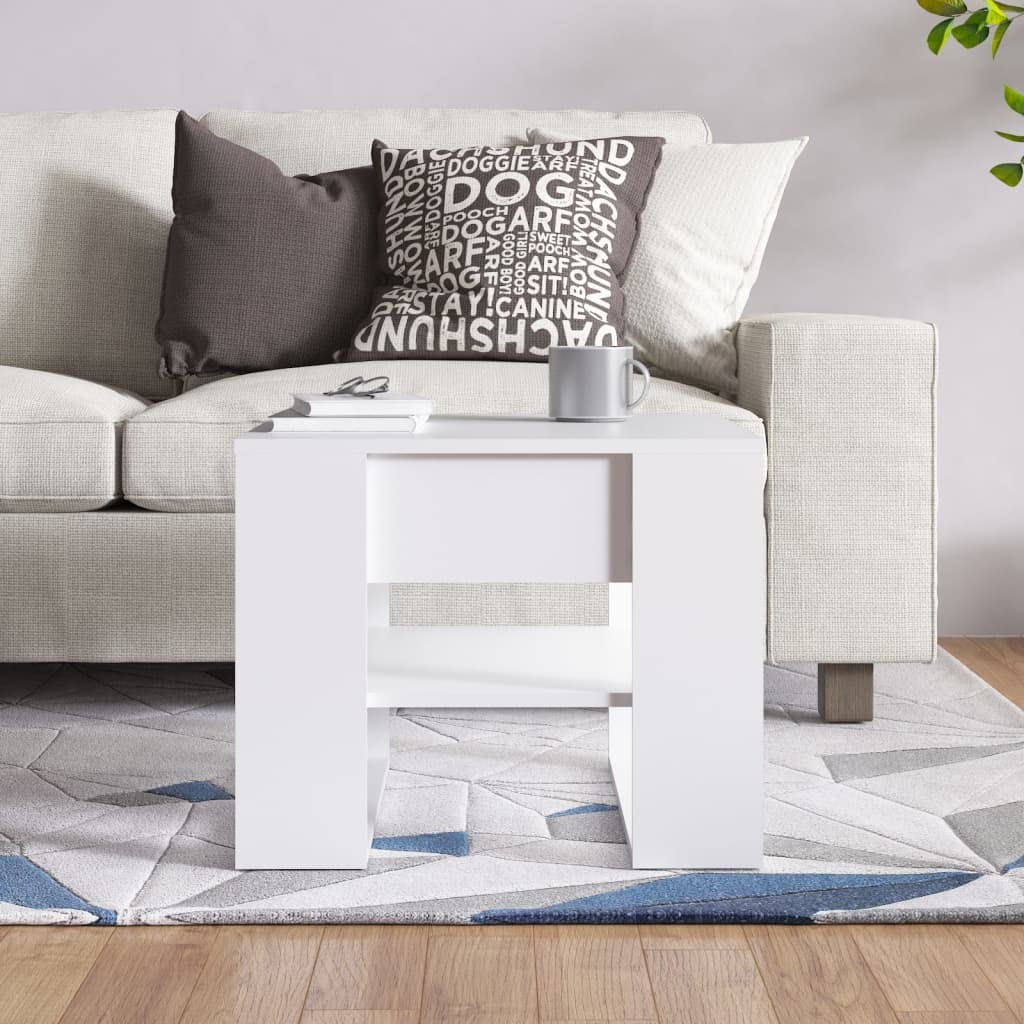 Mesa de centro blanca 55 x 55 x 42 cm, material de madera, diseño moderno con estante, mesa auxiliar estable, pequeña, ahorra espacio, para salón, balcón y dormitorio