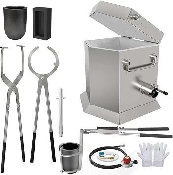 12KG Propane Melting Furnace Kit + 10KG Crucible Tongs Set, Metal Foundry Smelting Kit with Graphite Crucible, Ingot Mold & Heat-Resistant Gloves for Gold Silver Copper Aluminum Home Casting
