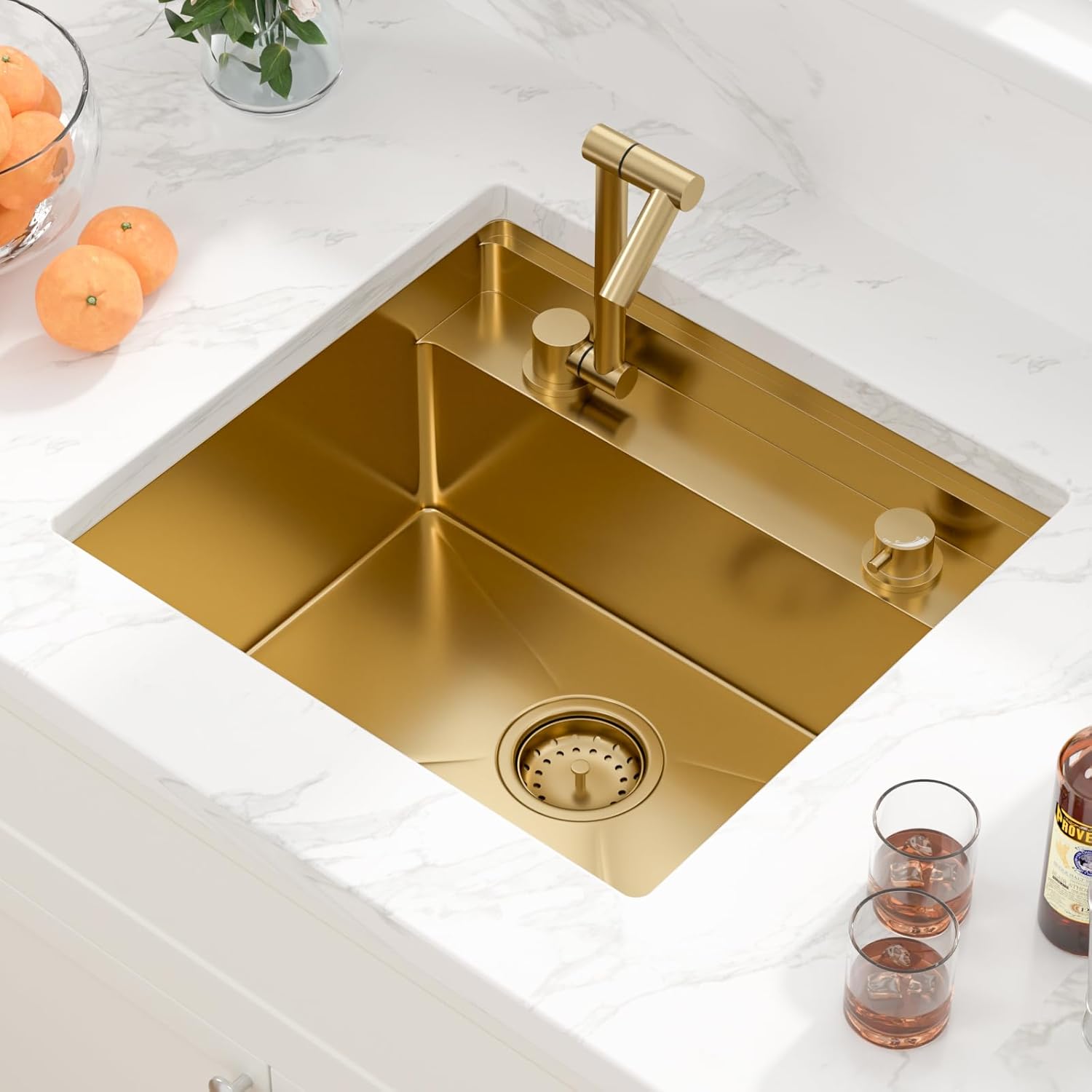 Sarlai Outdoor Sink, 21x19 Inch Gold Undermount Kitchen Sink Workstation with Foldable Faucet Bar Prep Single Bowl Gold Kitchen Sinks16 Gauge Stainless Steel BBQ Sinks with Cover 21"x19"x9“