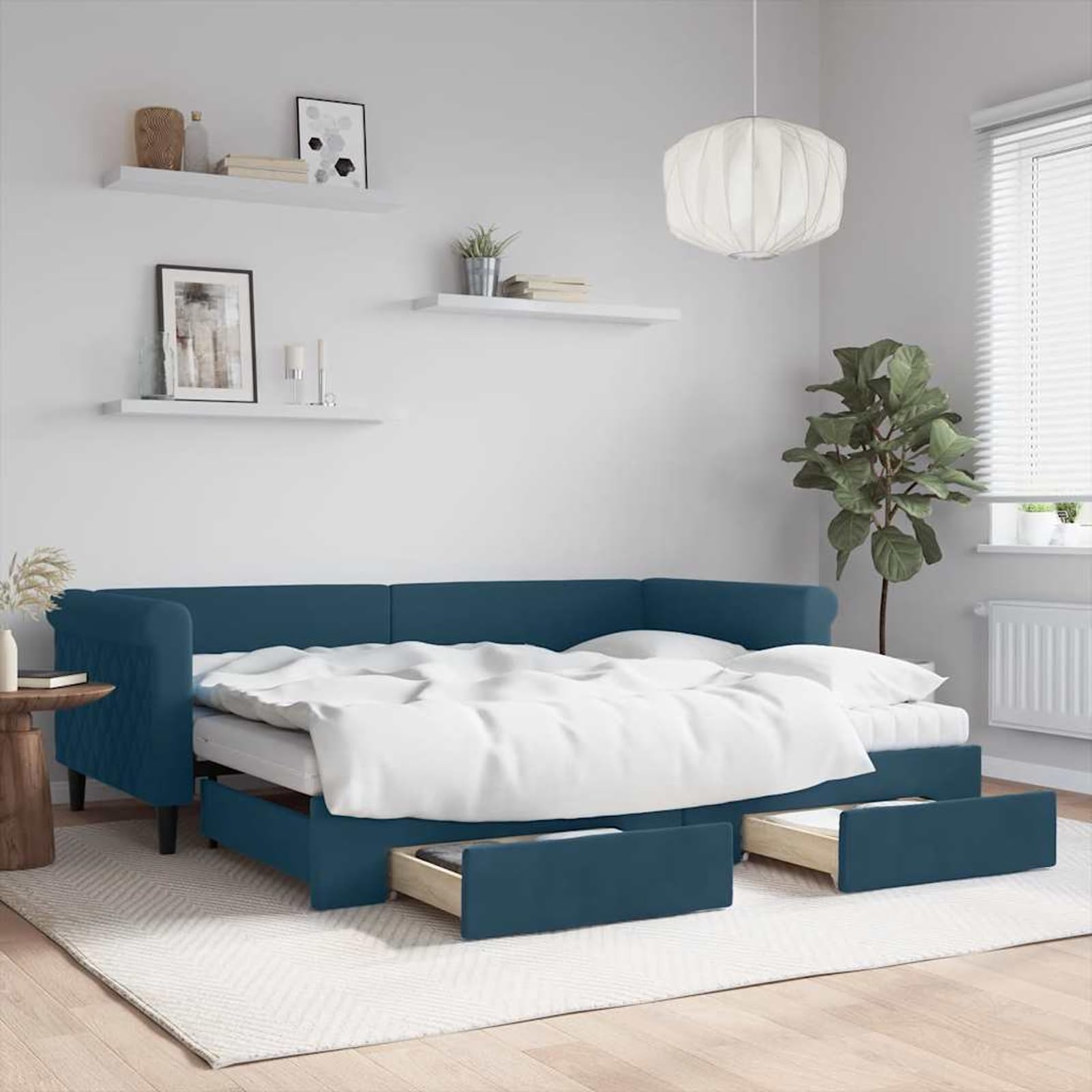 WGYHOME Łóżko dzienne wysuwane z szufladami, niebieskie, 90 x 200 cm, aksamitne – sofa do spania 2 w 1 z miejscem do przechowywania, materacem piankowym i stelażem do pokoju gościnnego, kolor