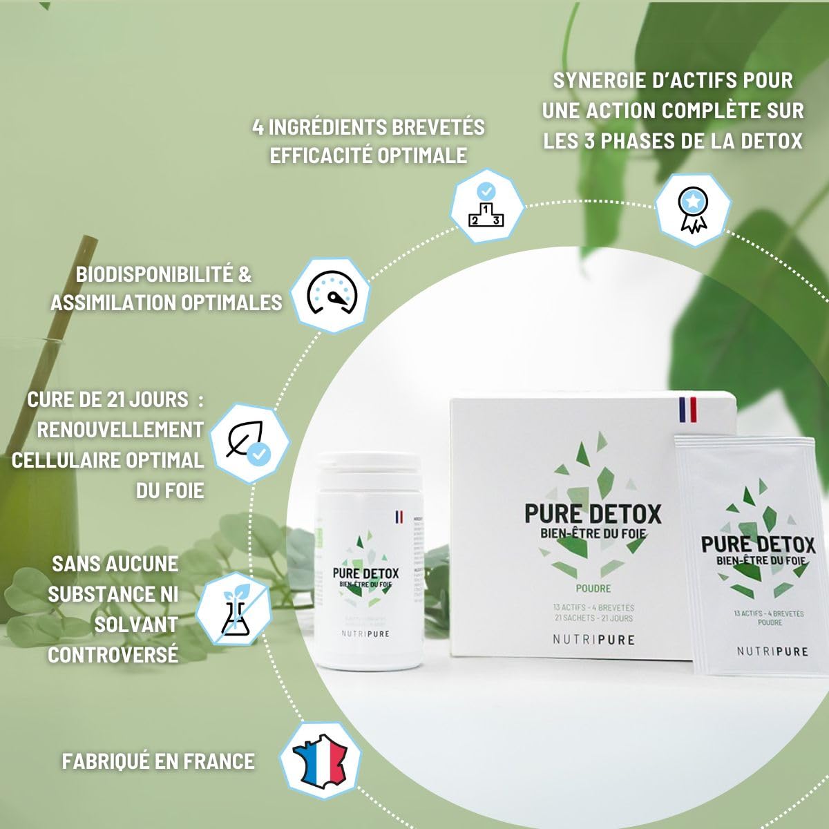 Nutripure | Pure Detox Foie | Soutien complet de la détoxification hépatique | 4 extraits brevetés (Chardon-Marie, Artichaut, Chou Kale, Choline) | Cure de 21 jours (42 gélules)