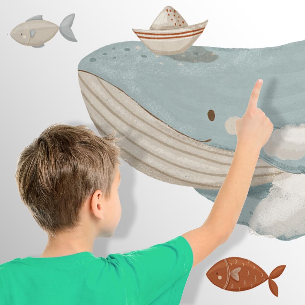 kina - Adesivo Murale Bambini Decorazione Parete Cameretta R00801 - Materiale Eco-Tessuto, Ecologico Anallergico, Riposizionabile, Effetto Carezza, Asilo Nido - Grafica Mare e Misura 120x40 cm