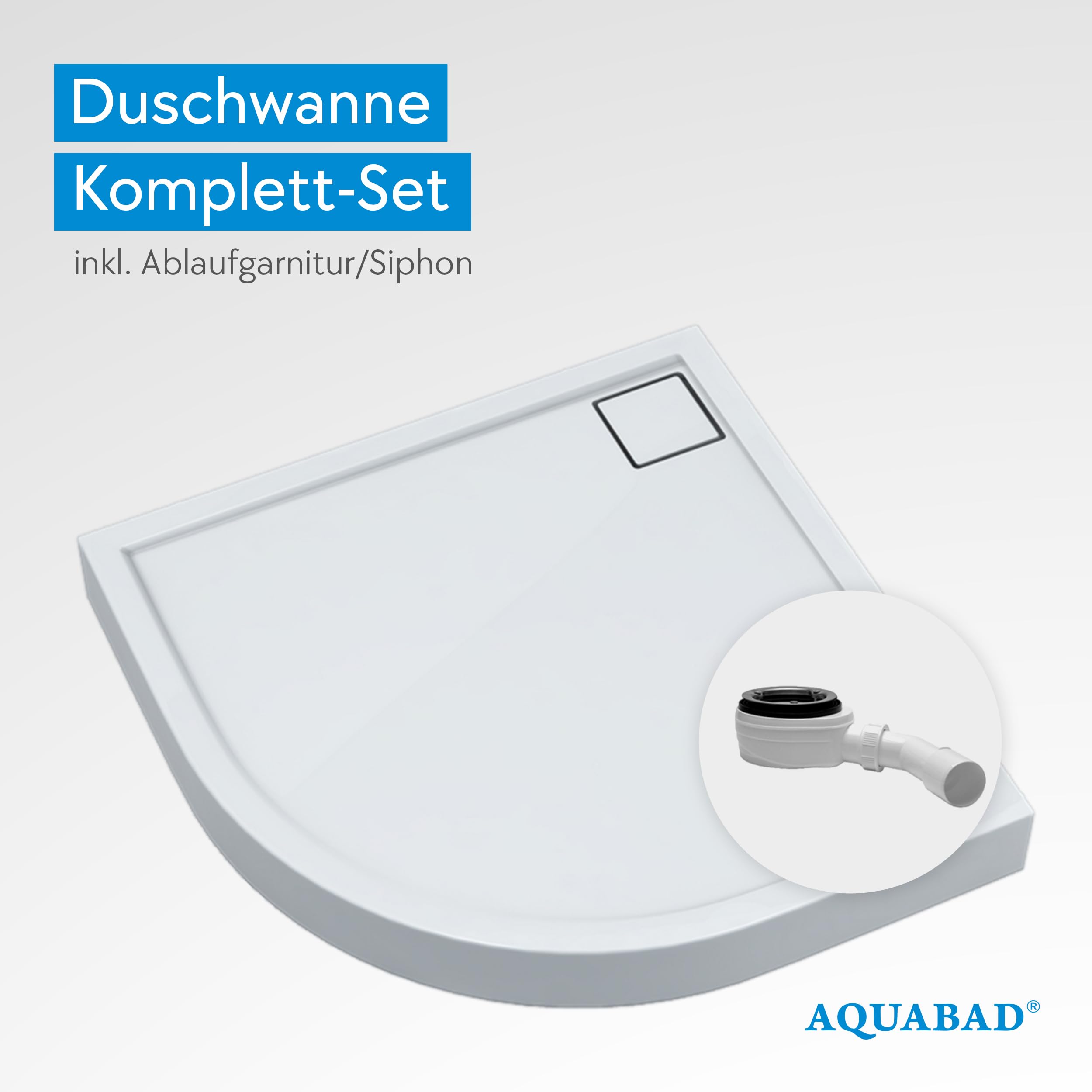 AQUABAD Duschwanne/Duschtasse | Komplettset Finca mit LeakProtect Technologie Smooth White 90x90cm R55 Viertelkreis | inkl. Ablaufgarnitur/Siphon