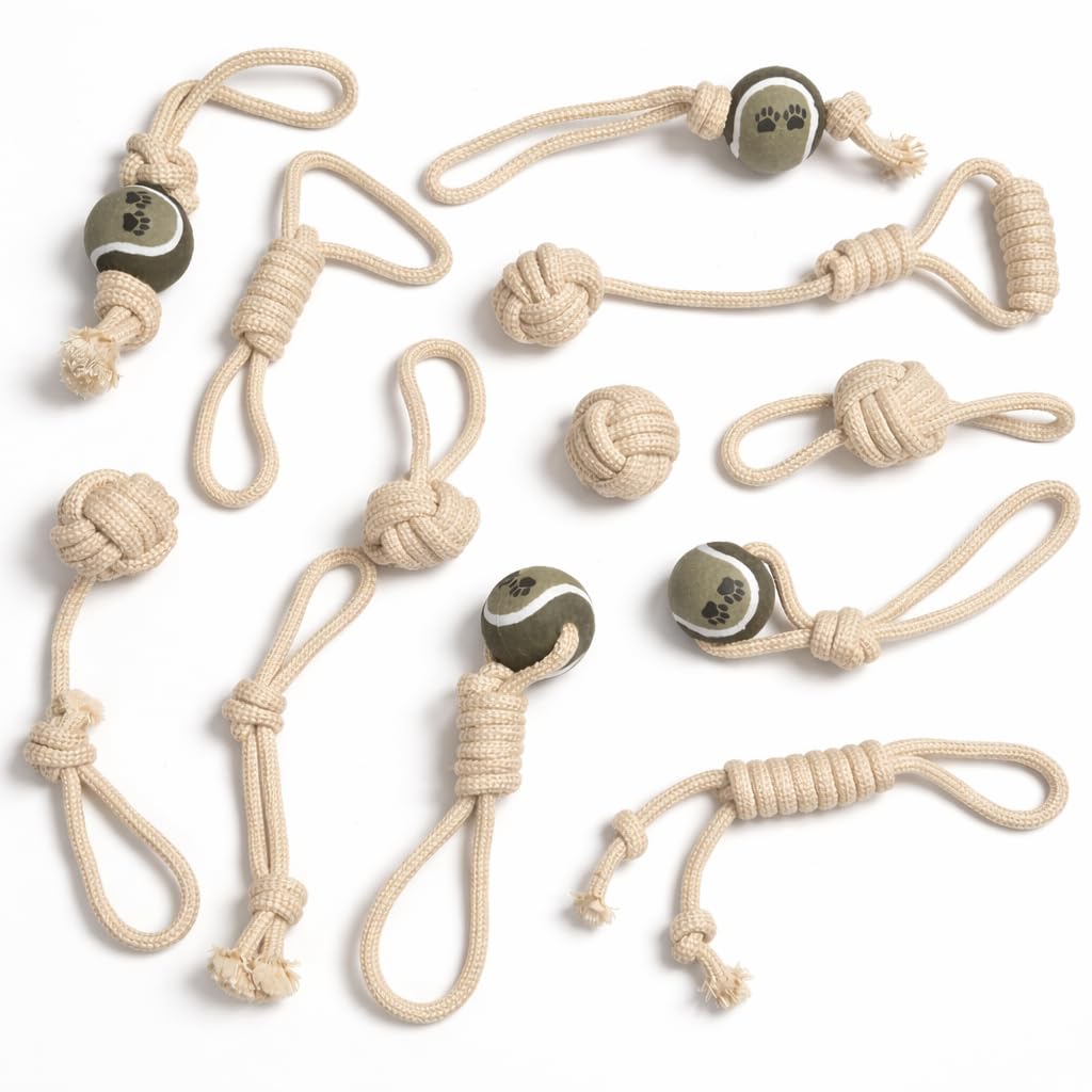 Mythonic Pawish Play Dog Rope Toys Variety Pack (12-Piece Set) – Cotton Rope Tug & Fetch Toys with Knots & Tennis Balls – Interactive Play Set for Puppies & Small, Medium & Large Dogs