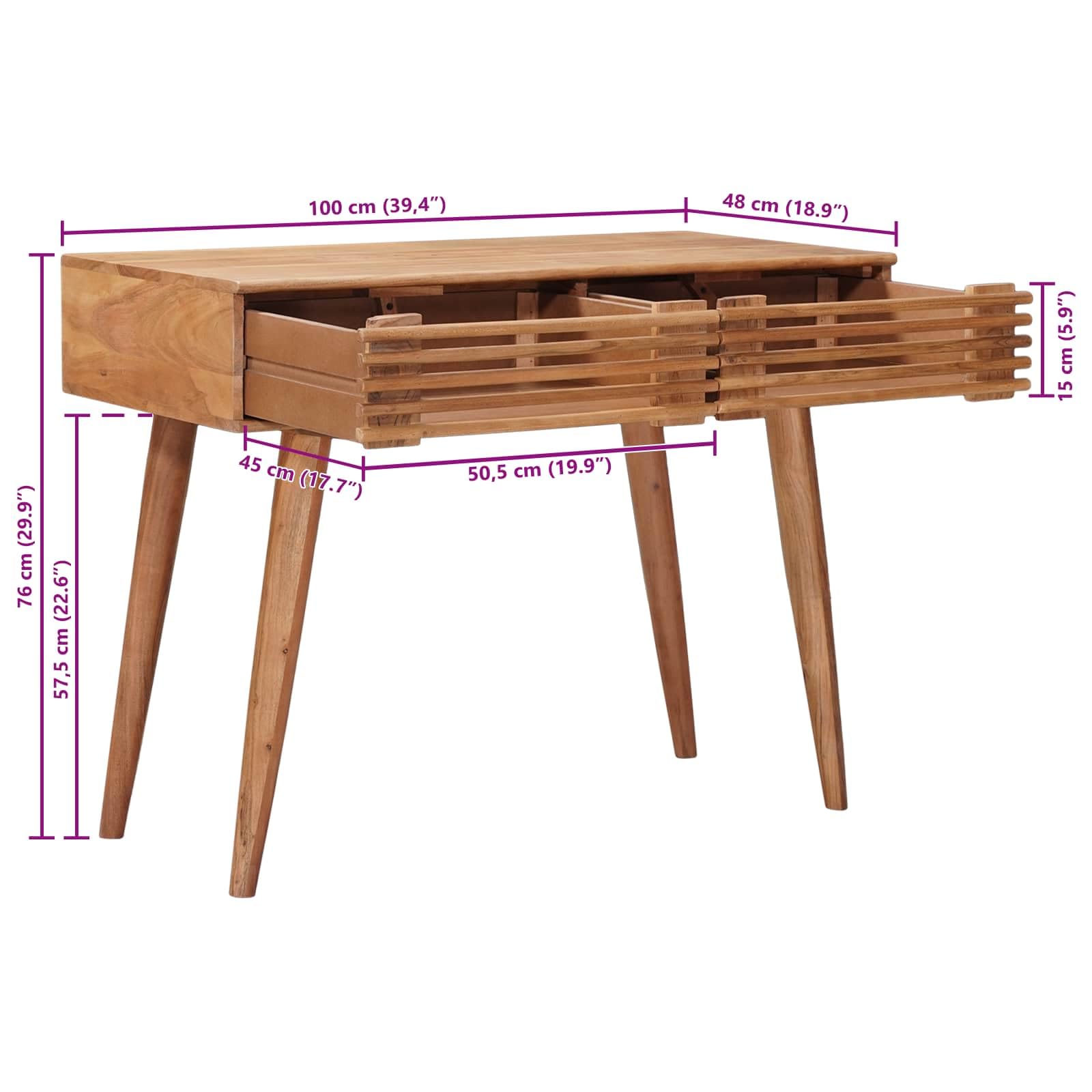 Scrivania fatta a mano in legno di acacia massiccio, marrone teak, 100 x 48 x 76 cm, 2 cassetti, per ufficio, casa, postazione di lavoro, con spazio per laptop