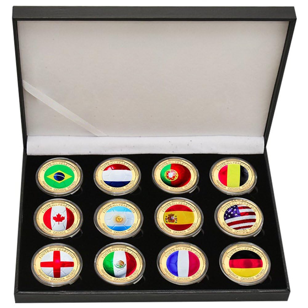 Sslvya 12 Pcs National Flags Football Commemorative Coin Football Feast 2026 Challenge Coin Soccer Souvenir Gifts for Football Fans Collectors