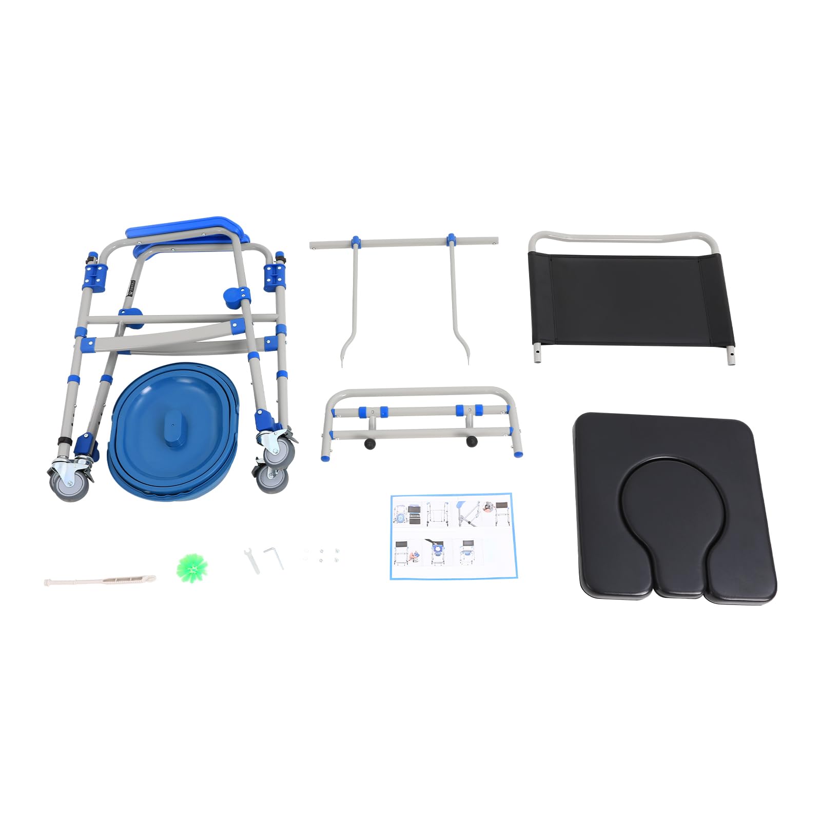 Silla de inodoro para personas mayores, plegable con ruedas, capacidad de carga de 125 kg y 4 ruedas de freno, altura ajustable (41-49 cm), para personas mayores y personas con movilidad reducida