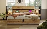 MURUL Holzbett 160x200cm Mit Matratze - Hydraulisches Stauraumbett, Kopfteil Mit Schubladen und USB&Type-C Ladeanschluss, Eichenfarbe