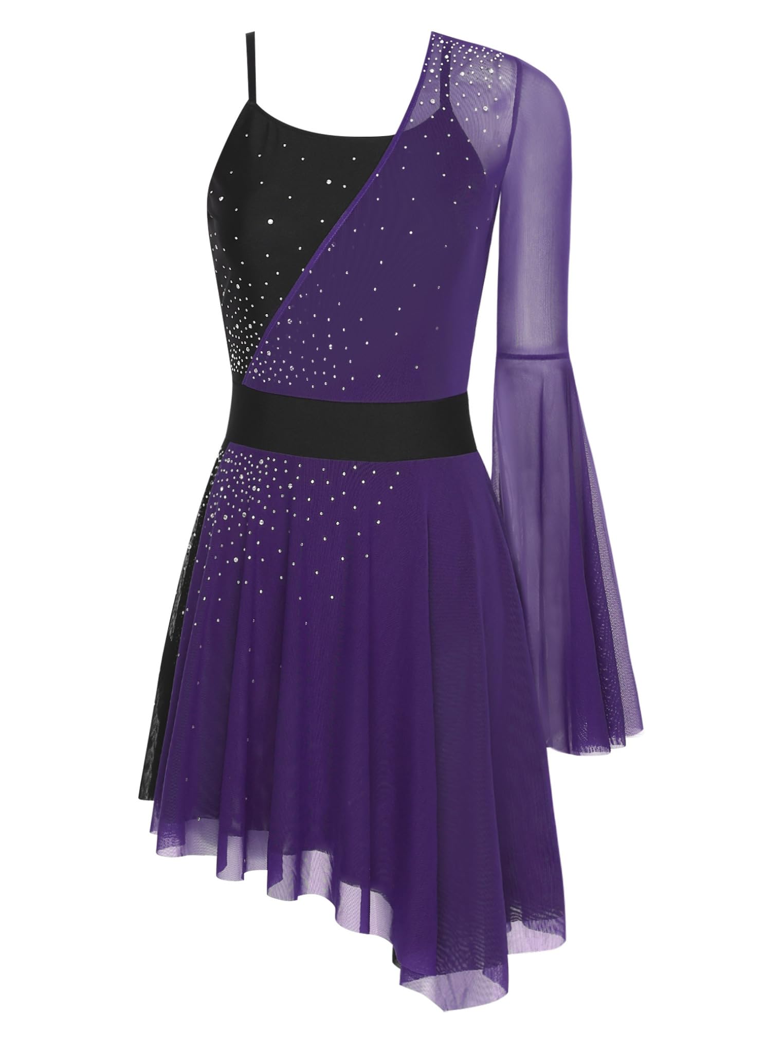 Freebily Abito da Pattinaggio Artistico Donna Monospalla Vestito da Danza Classica Ballerina Manica Svasata Abito da Ballo Latino Tango Costume Danza Samba Rumba Salsa