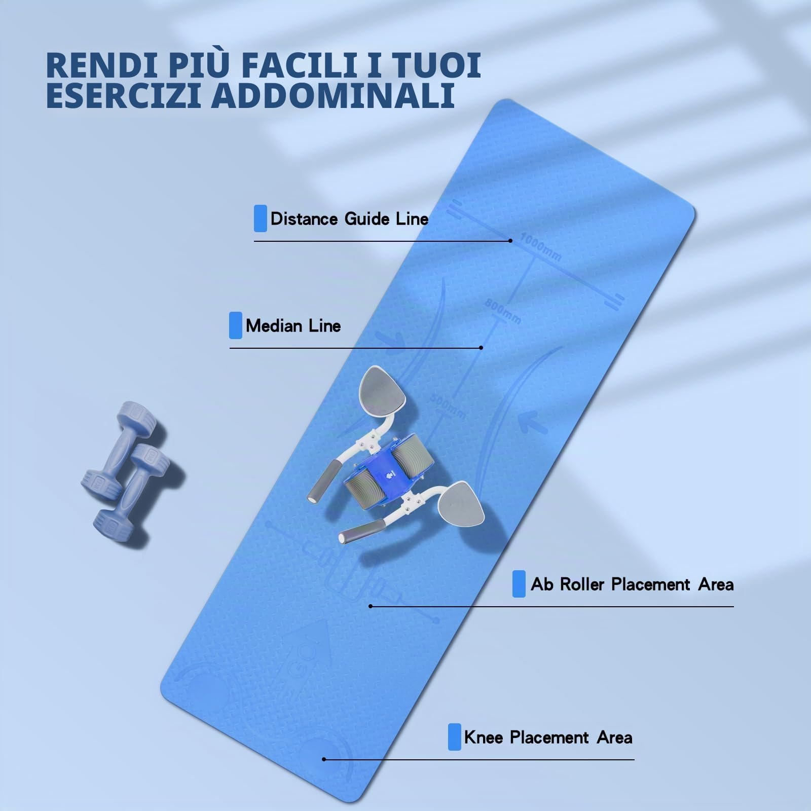 Tappetino Palestra per Ruota per Addominali, Tappeto Antiscivolo per ginocchia, Tappetino Fitness per Palestra Domestica Spesso 6 mm per Yoga, Pilates, 183cm L x 61cm B x 0,6cm H,TPE, Blu