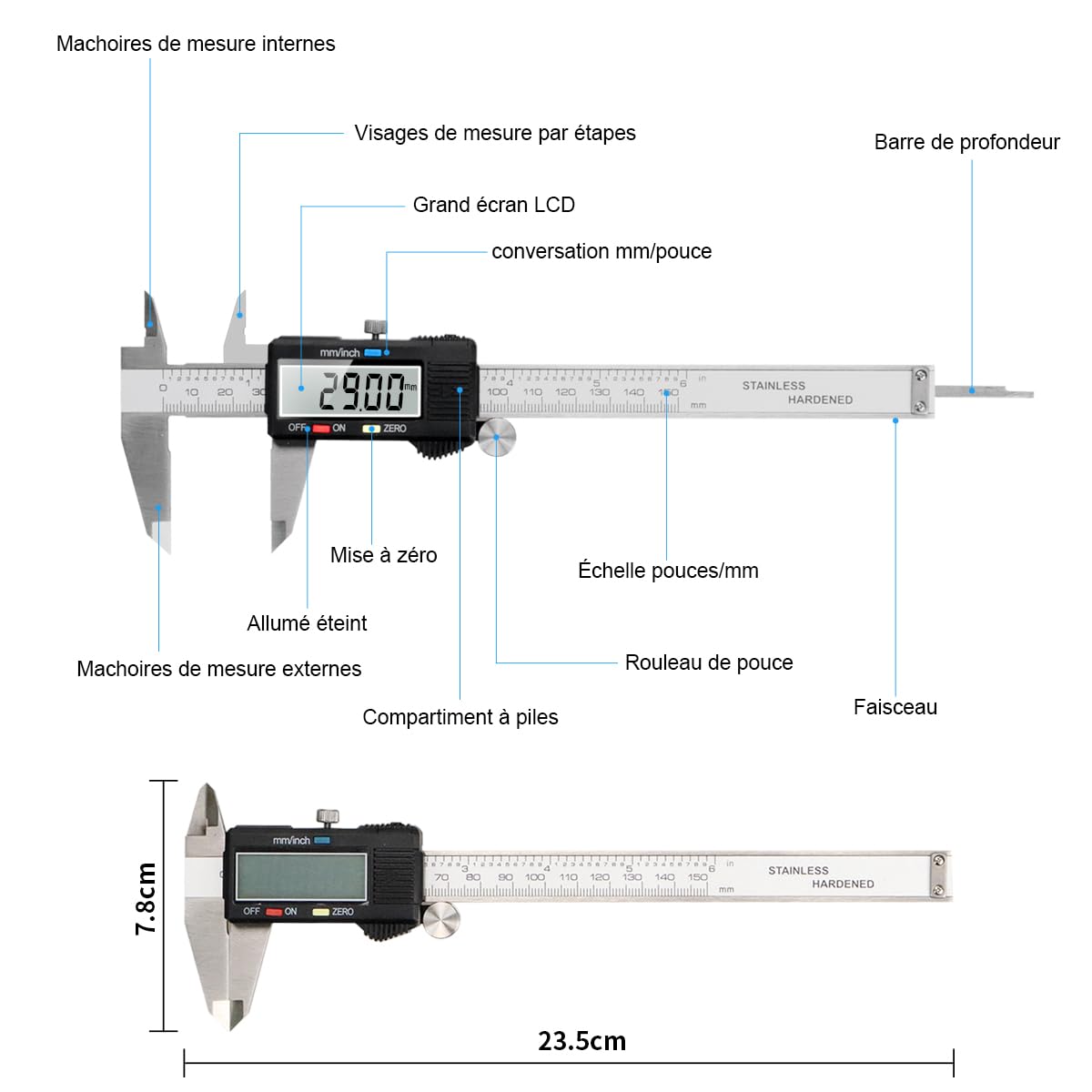 Pied a Coulisse, Qfun Pied à Coulisse Digital 150mm Acier Inoxydable Grand Écran LCD Précision Réglable 0.01mm, mm/inch conversion, Résiste aux Eclaboussures, Mesure de l'industrie domestique