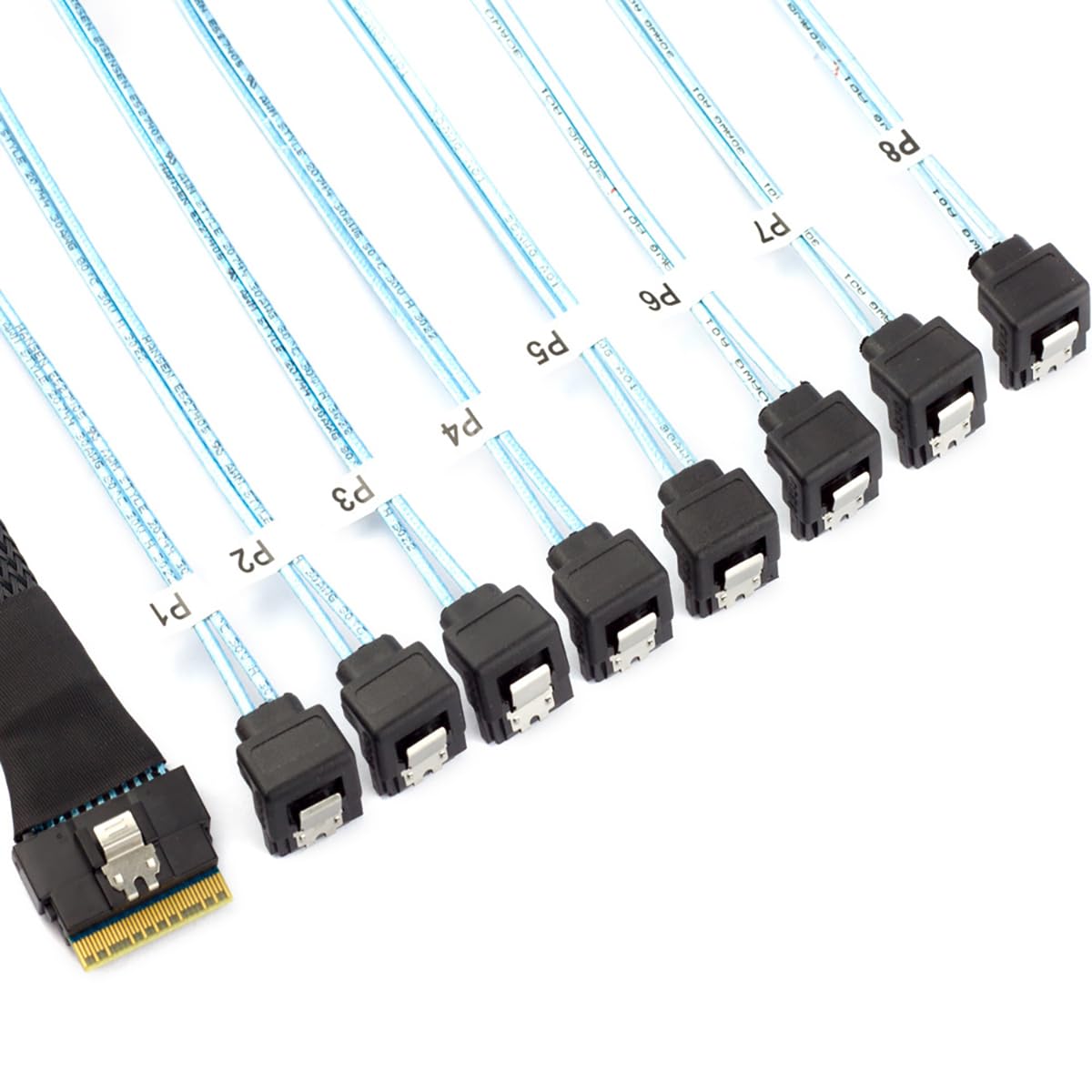 Câble PCIe Slimline SAS SFF-8654 8i vers 8* SATA 90 degrés - Câble de transfert de données pour disque dur haute vitesse 24 Gbit/s 32 AWG 8 canaux (0,5 m)