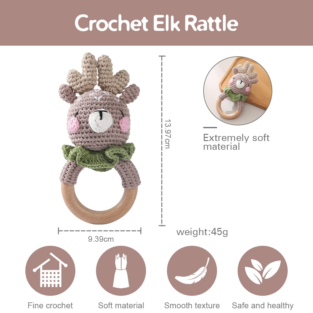 Youuys Baby Rattle - Wooden Crochet Animals Grasping Toy with Sound - Handmade Rattle for Newborn Gift for Boy and Girl (Elk) - Image 3
