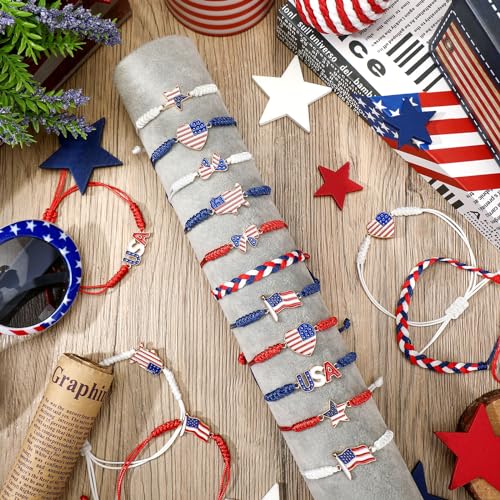 Image of 24 Pcs 4th of July Bracelets Red White and Blue Bracelets Patriotic USA American Flag String Woven Wristband Bulk 4th of July Party Favors for 250th Anniversary Independence Day Parade Supplies