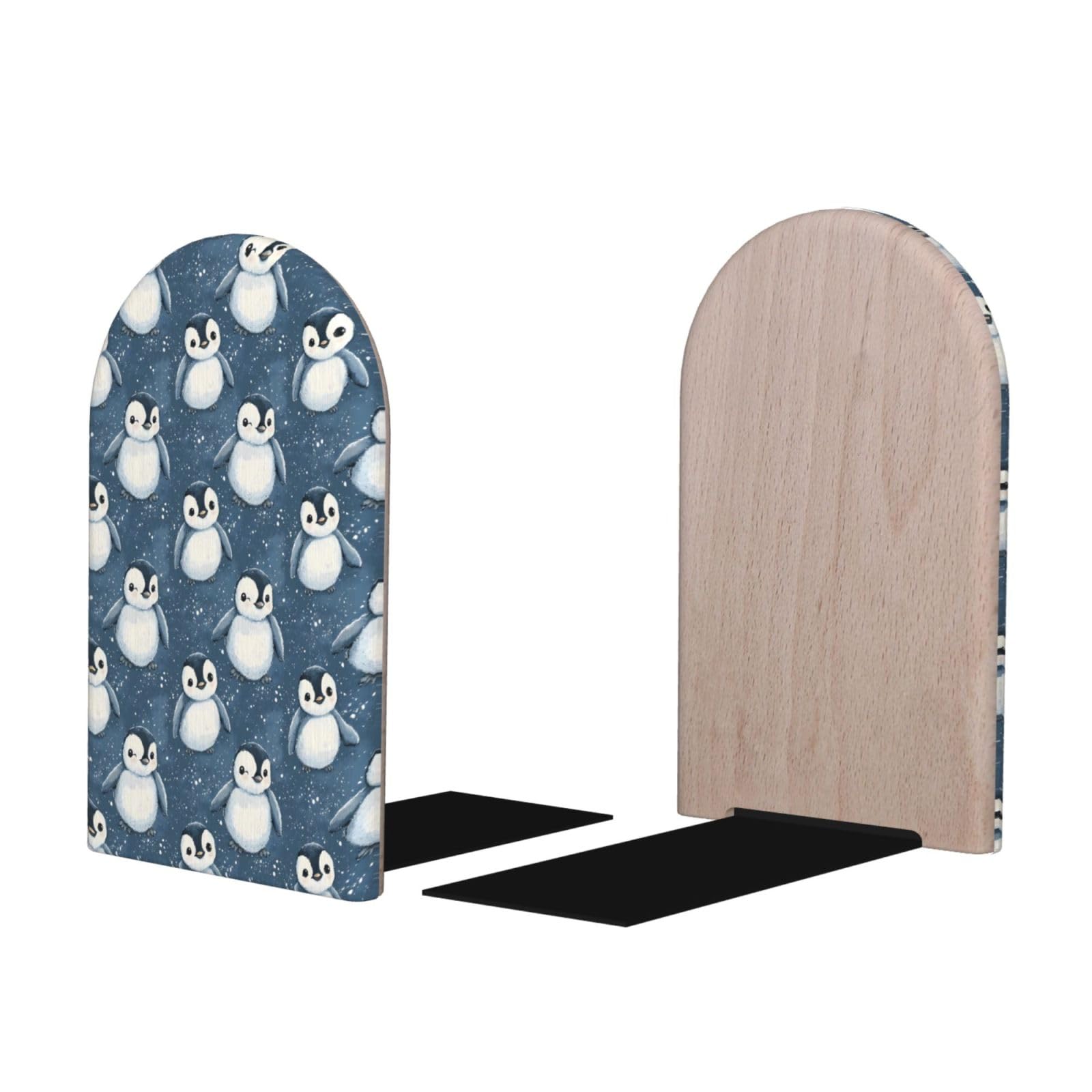Cute Penguins Print BookEnds 1 Pair, Decorative Bookends for Heavy Books, Wood Book Ends for Shelves, Book Organizer for Home Desk Office Supplies