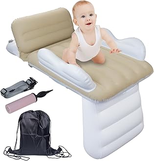 Inflatable-Toddler-Travel-Bed for Airplane Car Seat Portable Foldable Infant Travel Bed Baby Travel Crib with Sides,Hand Pump Safety Belt and Carry Bag Sets (Beige)
