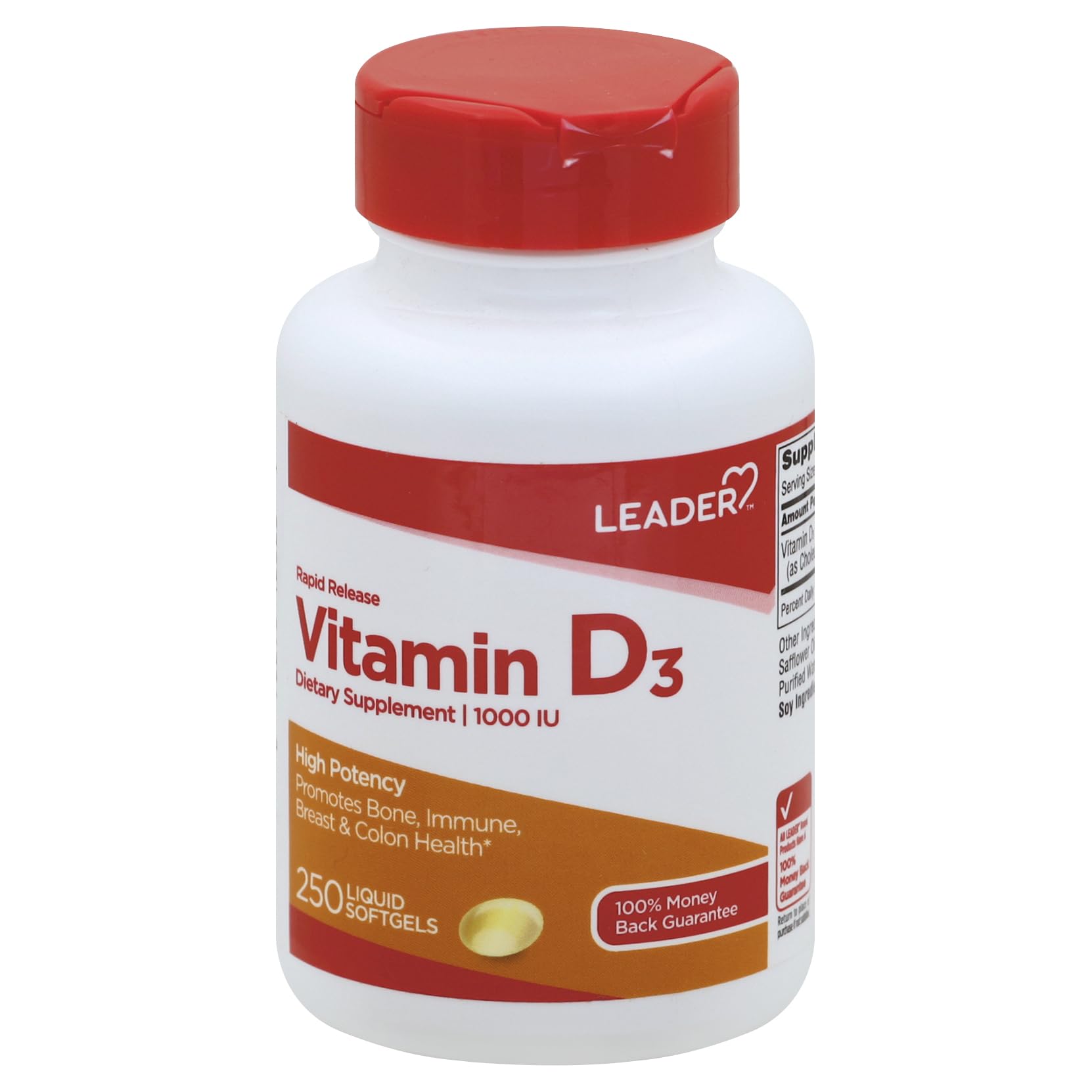 Leader Vitamin D 1000IU Softgels, 250 Ct Supports Bone, Teeth & Immune Health Essential Daily Supplement