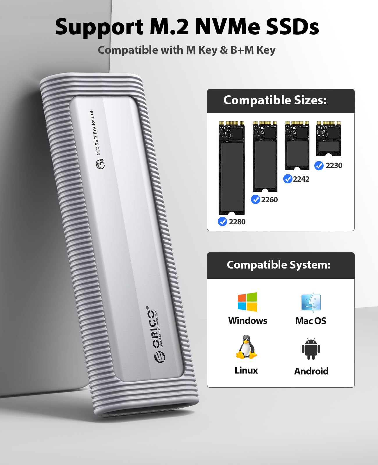 ORICO Case SSD M2 NVMe Senza Attrezzi, USB 3.2 10Gbps Adattatore SSD M2 NVMe USB con Protezione in Silicone e Cordino, Alluminio NVMe Case per SSD NVMe PCIe M-Key in 2230/2242/2260/2280 -AXM2