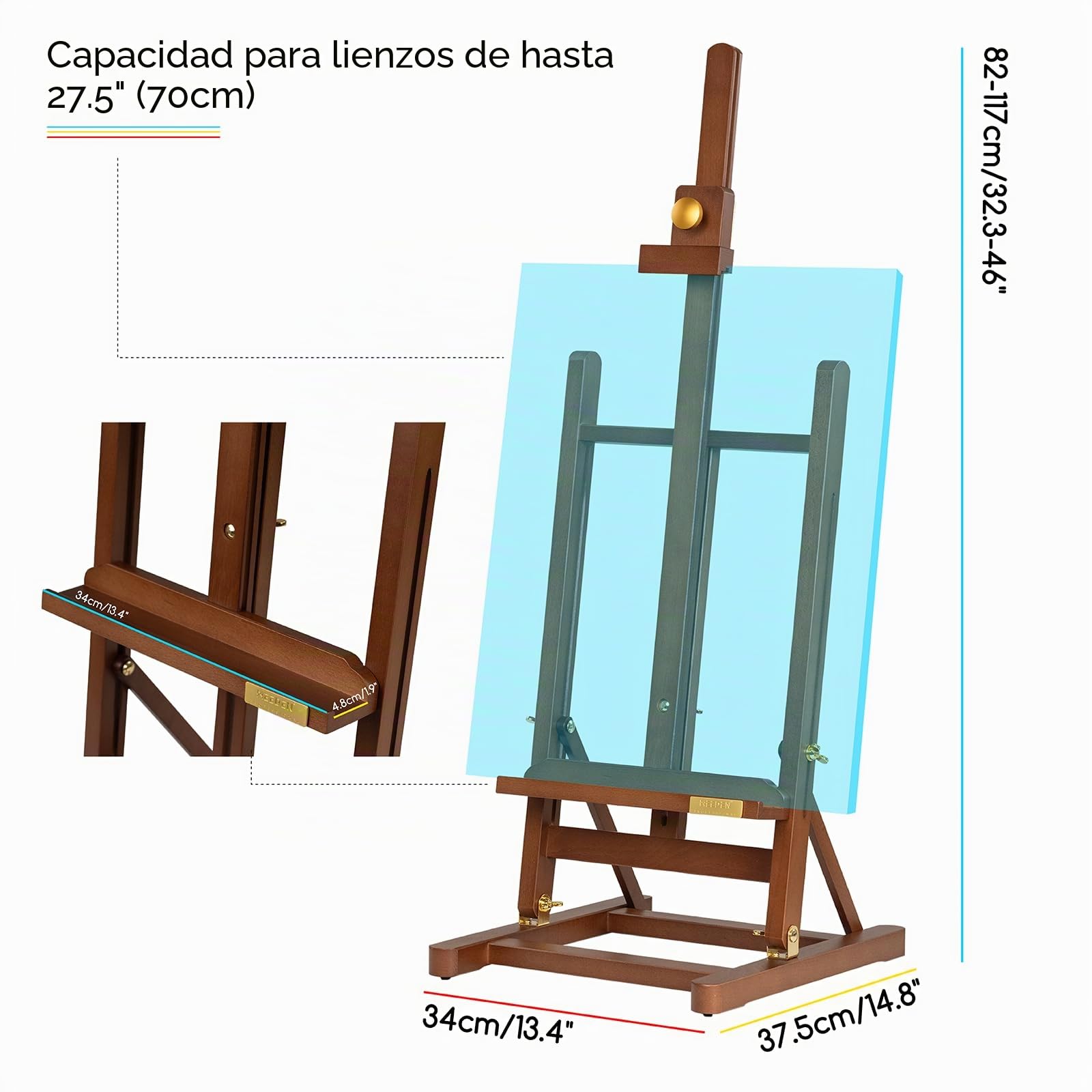 MEEDEN PRO Caballete de pintura de mesa grande – Caballete de arte de escritorio para lienzo de hasta 70cm – Caballete ajustable de madera de haya con marco en H