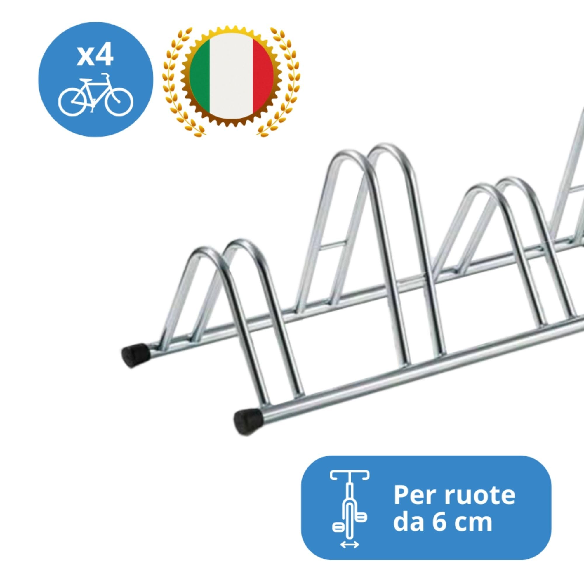ANDRYS - Fahrradständer für 4 Fahrräder, mit schwarzen PVC-Kappen, kaltverzinkt, Farbe Silber, 110 x 42 x 38 cm