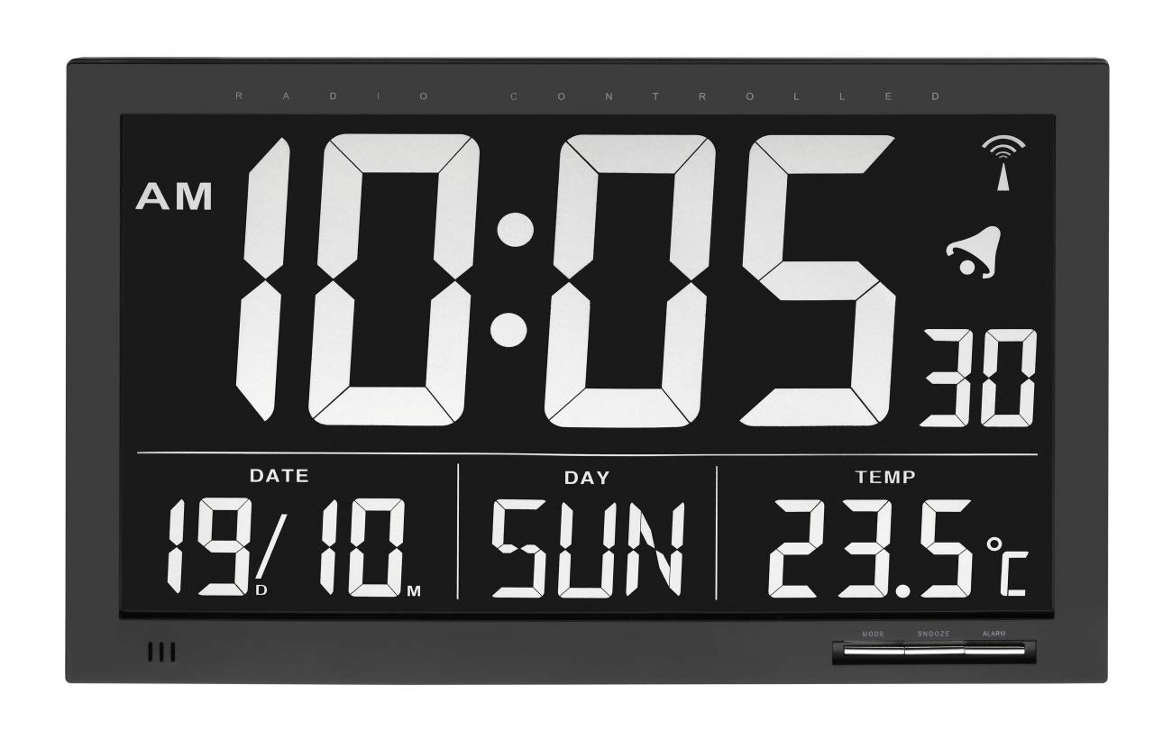 TFA Dostmann XL orologio da parete digitale, 60.4505, orologio radiocontrollato di grandi dimensioni, con indicazione della temperatura, display 24 ore su 24, data, giorno della settimana, nero