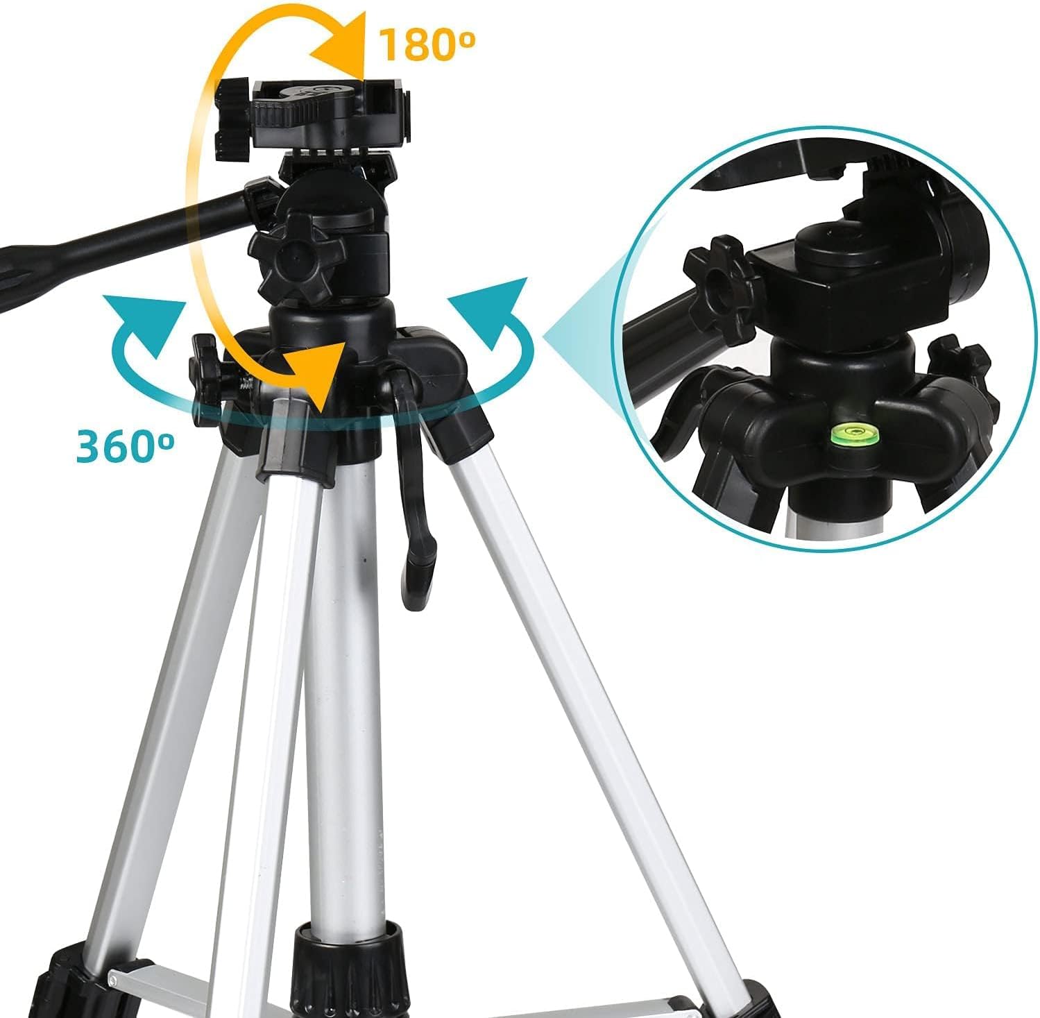 Tripod head showing 180 degree vertical and 360 degree horizontal rotation