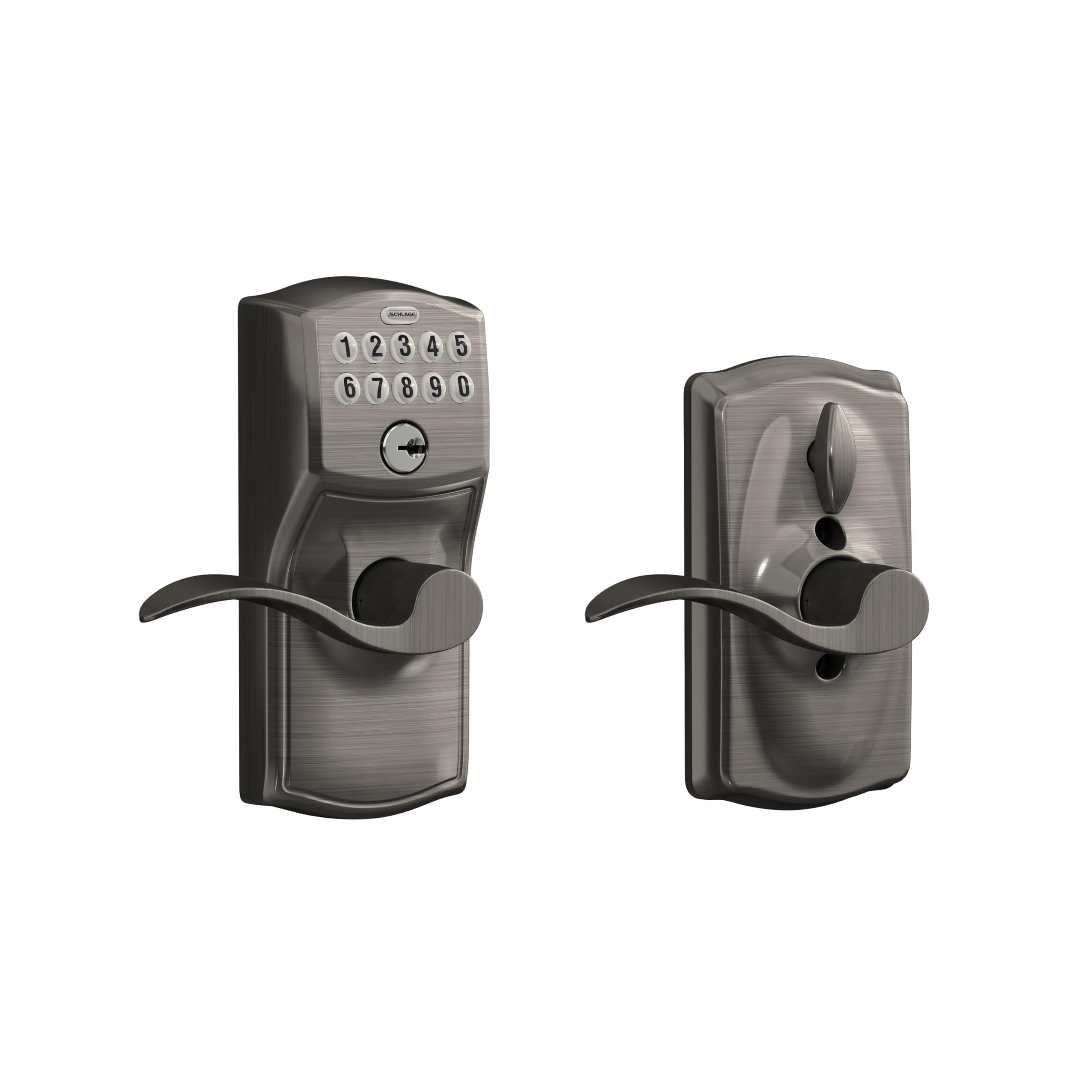 Photo 1 of Schlage Camelot Keypad Lock with Lever Handle, Electronic Keyless Door Entry, Flex Lock Auto?Lock Option, Antique Pewter, FE595 CAM 620 ACC