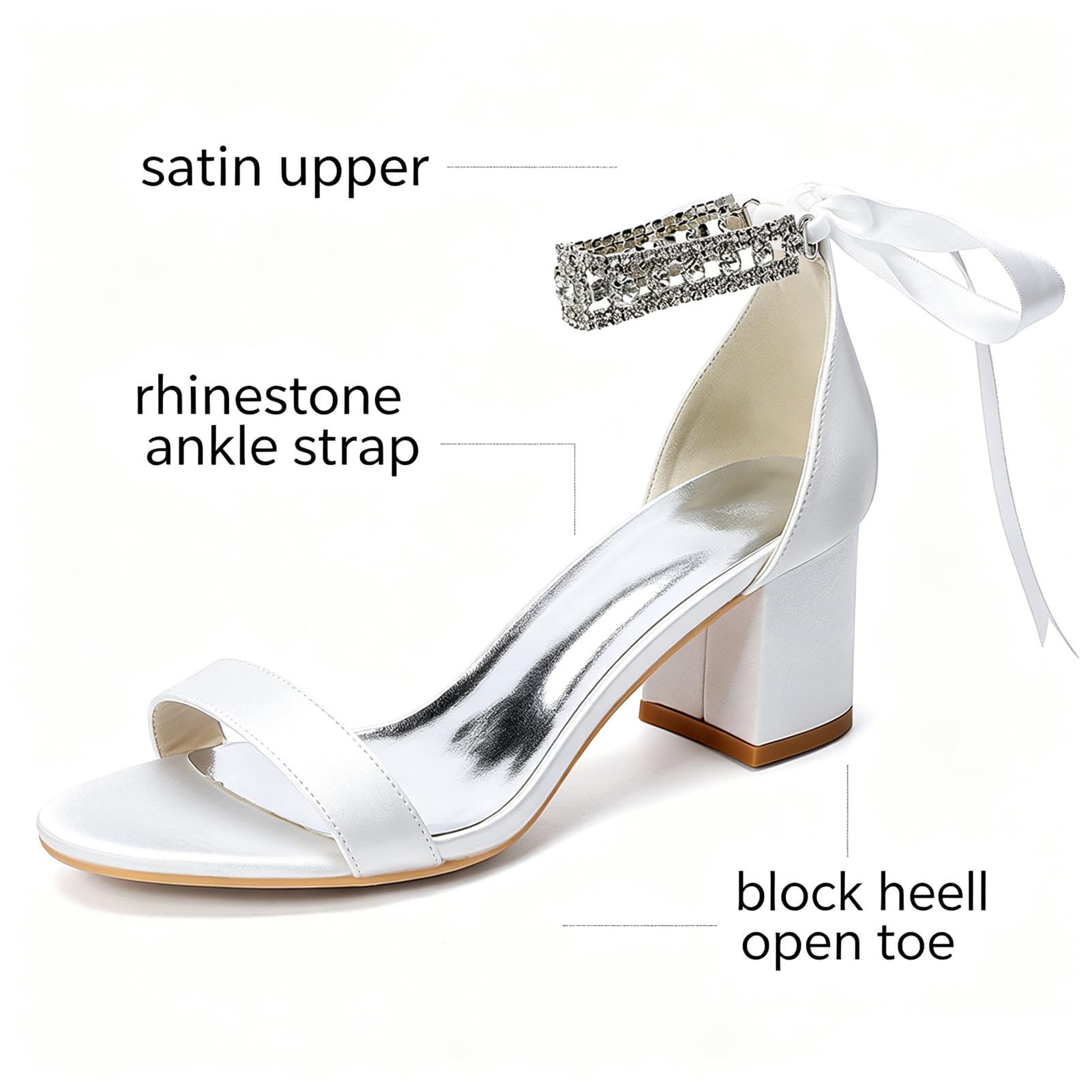 Sandalias de satén con tacón Ancho para Mujer, Puntera Abierta, Tira al Tobillo con pedrería y Lazada de Cinta; Ideales para Novias, Fiestas y Bodas de Noche.