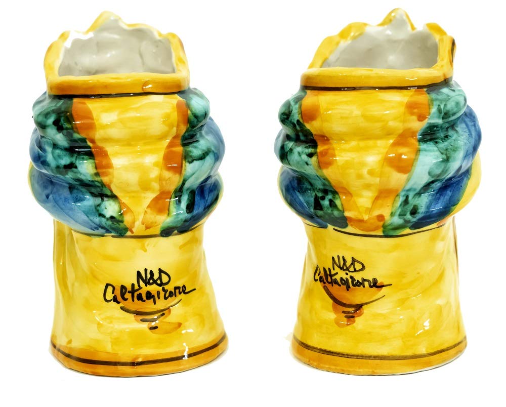 Generico Coppia teste di moro Caltagirone giallo in ceramica siciliana vasetti piccoli 15 cm