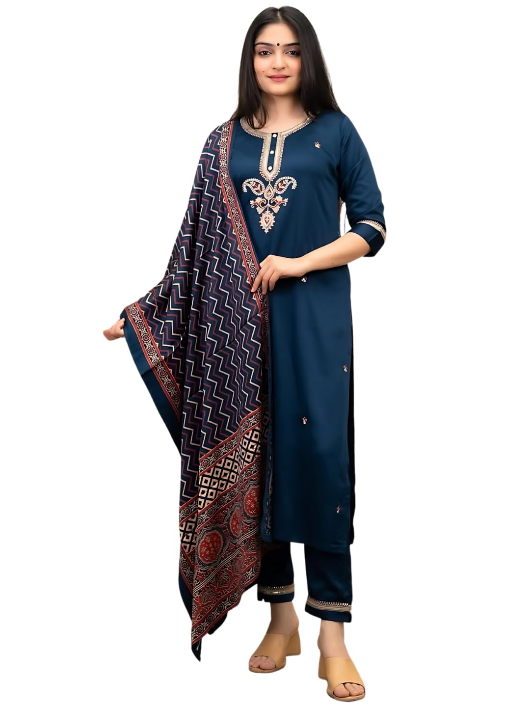 Women's Chanderi Silk Embroidered Straight Kurta with Pant and Dupatta Sets (NX-MV-628)-image-10