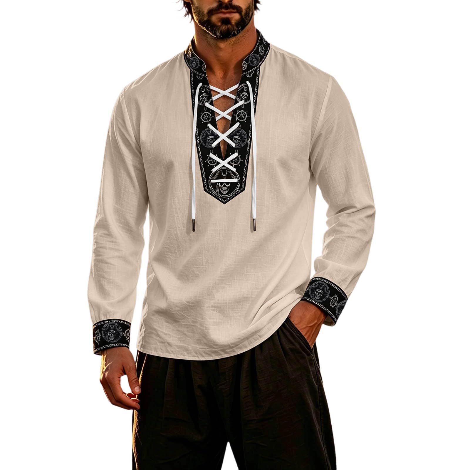 Classic Themed Men's Long Sleeve Shirt for Adventure Nautical Style Top with for Everyday Wear and Cosplay (a-Khaki, M) โ image 1