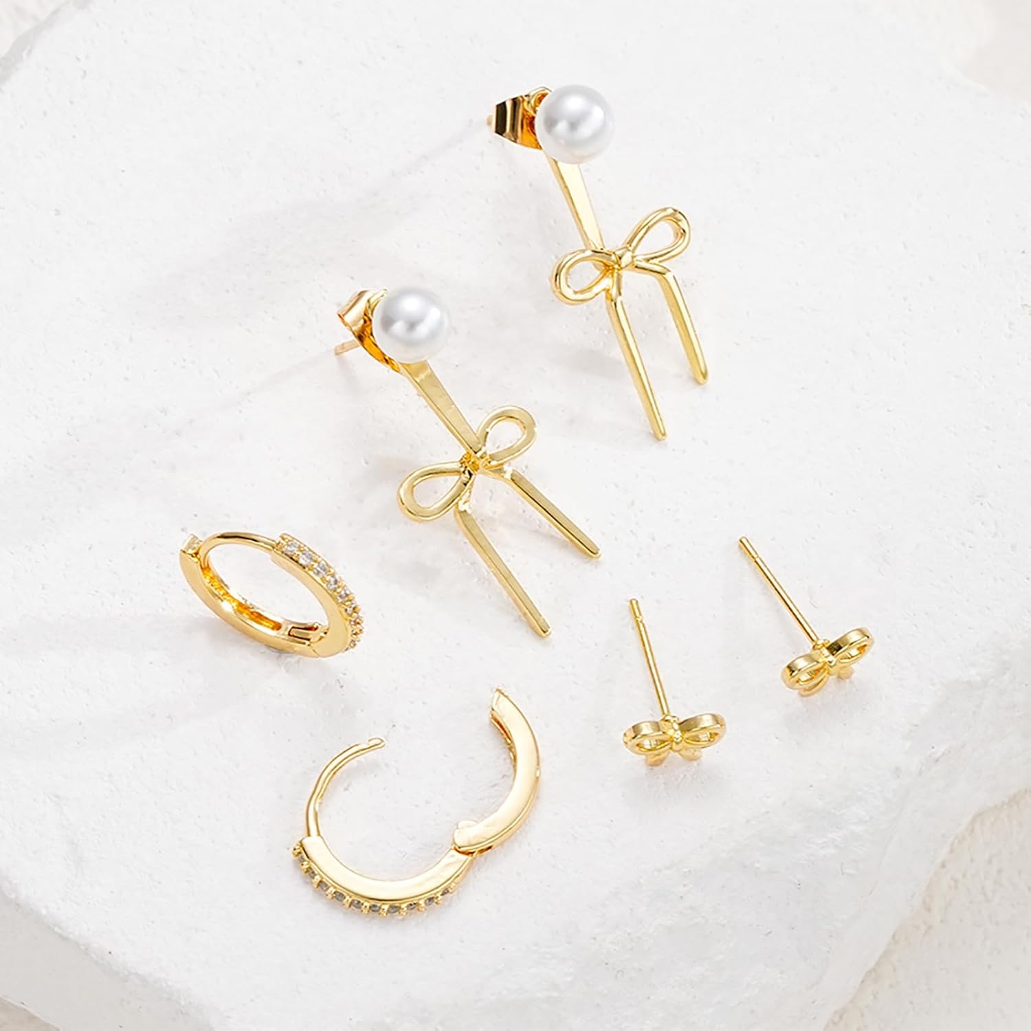 Gold Bow Earrings Set for Women Dainty Pearl Bow Huggie Earrings Ribbon Bowknot Hoop Earrings Christmas Prom Jewelry Gifts - Image 6