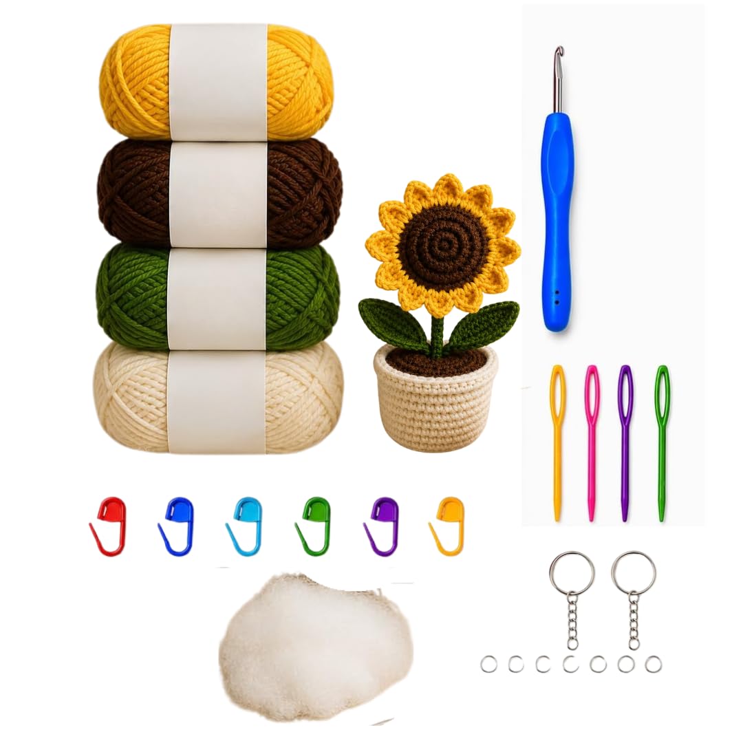 KHUSHA CREATIONS DIY Crochet Sunflower Kit for Beginners with Yarn, Hook, Needles & Keychain – Complete Craft Kit for Kids & Adults, Handmade Gift Making Set with Cotton Stuffing & Stitch Markers-image-17