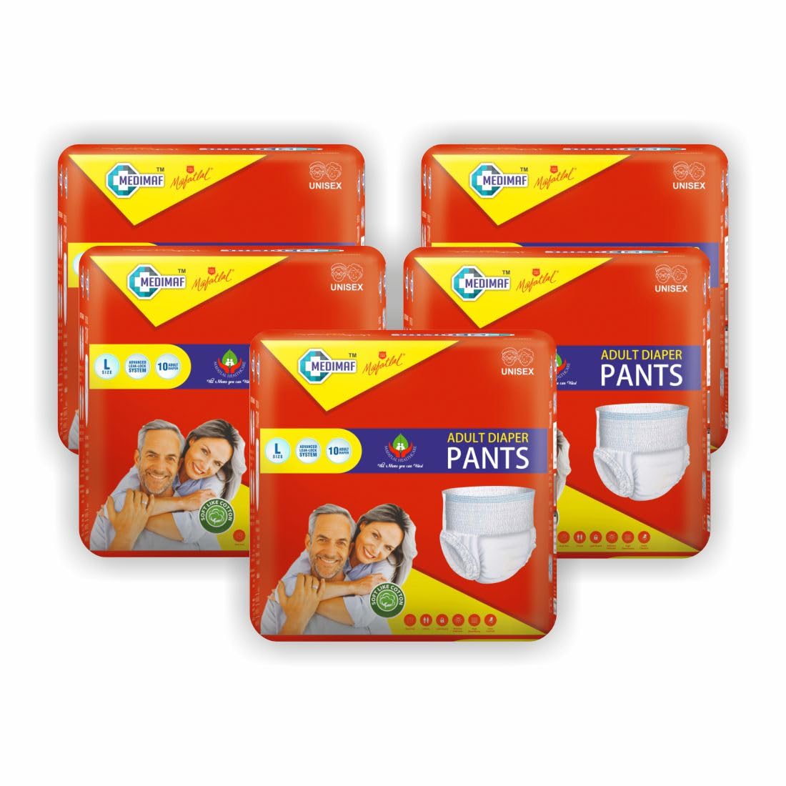Medimaf By Mafatlal Adult Diaper Pant style - 50 Count Large 75-135 cms (30-54 Inch), Size L, unisex,dual pad, leakproof, elastic waist, wetness indicator & Extra absorbency, Pack of 5