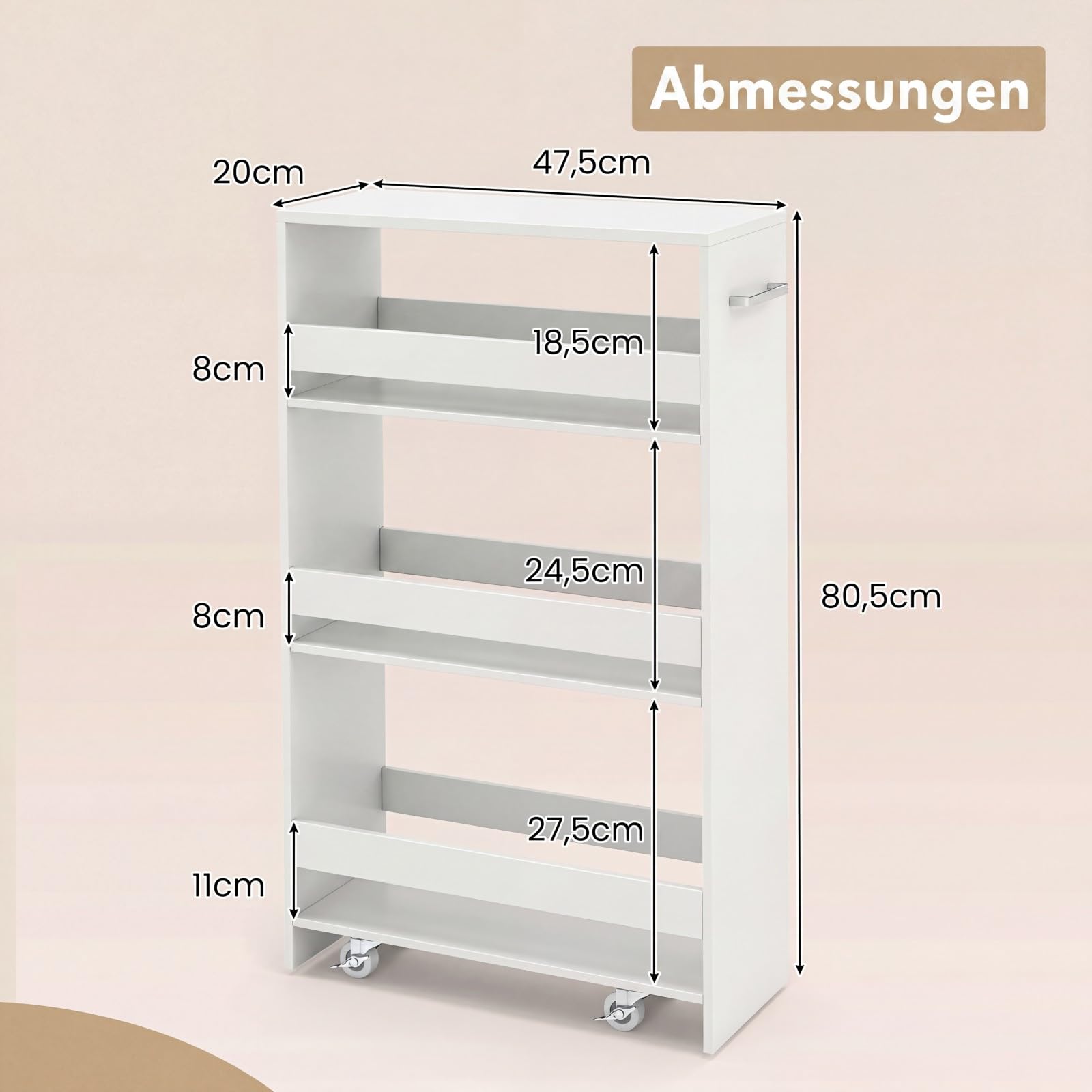 COSTWAY Wózek wnękowy 20 cm szerokości, wąski wózek kuchenny 4-poziomowy, regał wnękowy na kółkach, wózek do serwowania z uchwytami i balustradą, regał łazienkowy z drewna, do kuchni, łazienki, 47,5 x