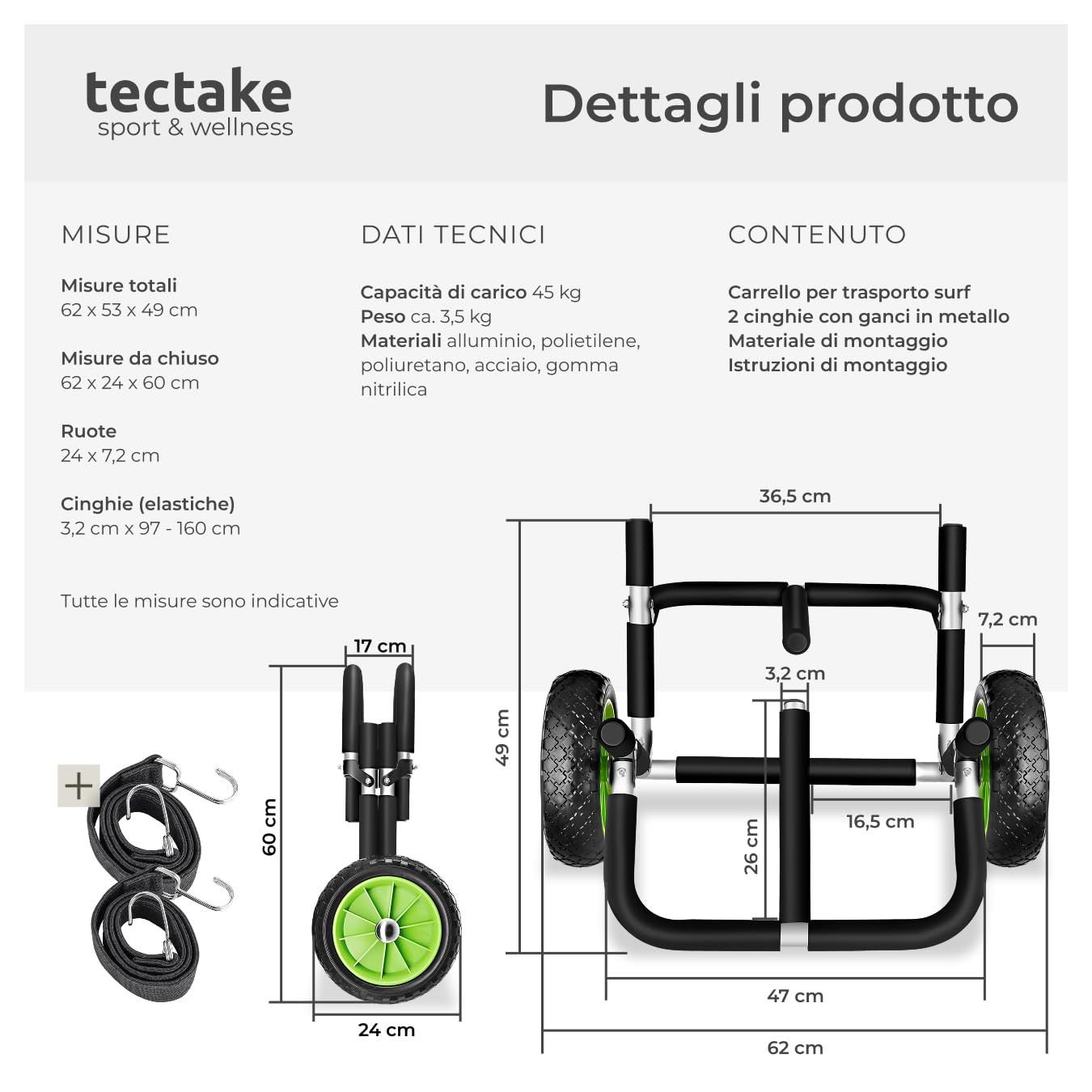 tectake® Carrello da Trasporto Tavola Surf, Carrello Pieghevole con Ruote Portatutto, Trolley Porta Tavola Surf, Kayak, Sup, Stand Up Paddle, Tavole Gonfiabili, In Alluminio con 2 Cinghie - Nero/Verde