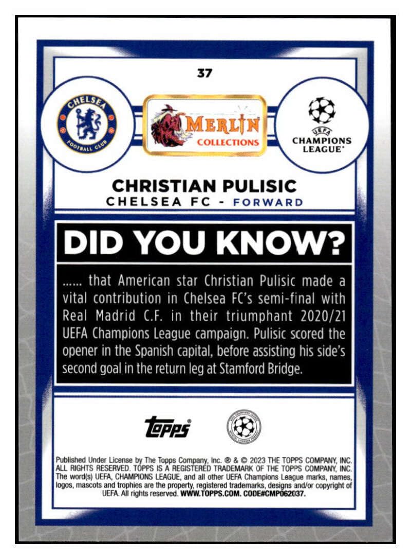 Amazon.com: CHRISTIAN PULISIC 2022-23 Topps Merlin Chrome UEFA #37