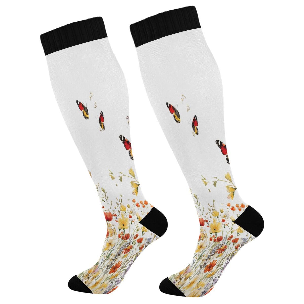 Nander Wildflowers and Butterflies Compression Socks Women Men Knee High Stockings for Sports,Running,Travel 1Pair