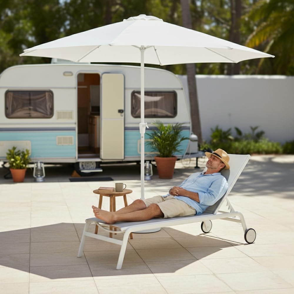 LOLAhome Parasol +RESISTENTE, circular, mástil fijo Ø48mm de aluminio, con Antiviento y Manivela, Elegante y Duradero, tratamiento Anti-corrosión, Para Exterior, Jardín - Tessa Alba