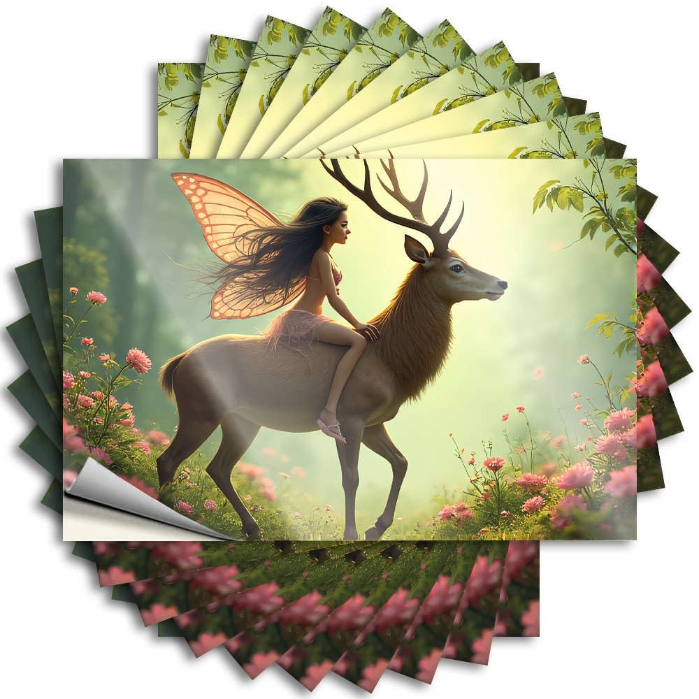 Tattoos Stitch Waterproof Vinyl Sticker | A Fairy Rides A Majestic Deer Through A Flower-Filled Forest. Winter Hat for Beer DIY Projects(12X18CM)