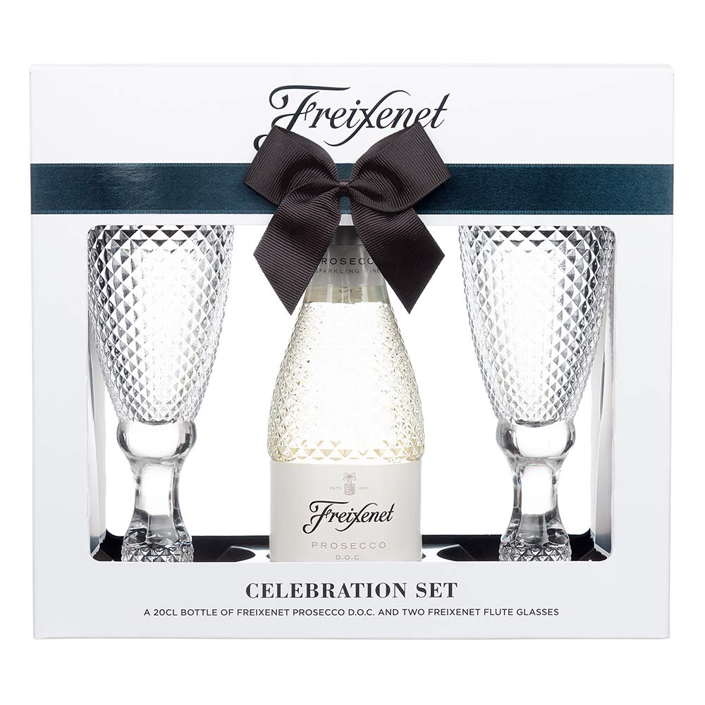 Freixenet Extra Dry Prosecco Gift Set - 1x200ml DOC Prosecco & 2xCut Glass Flute Glasses - Luxury Gift Set By Blue Tree Gifts