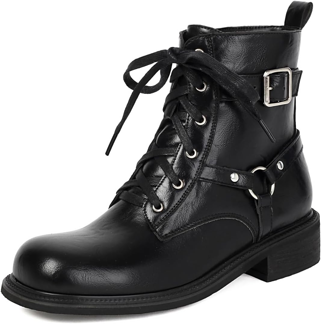 Women's Western Flat Combat Ankle Boots Lace Up Zipper Round Toe Low Heels Fall Motorcycle Short Booties