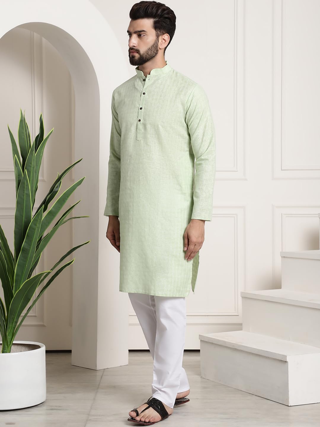 Sojanya (Since 1958 Men's Cotton Blend Green Checked Kurta And White Churidar Pyjama Set
