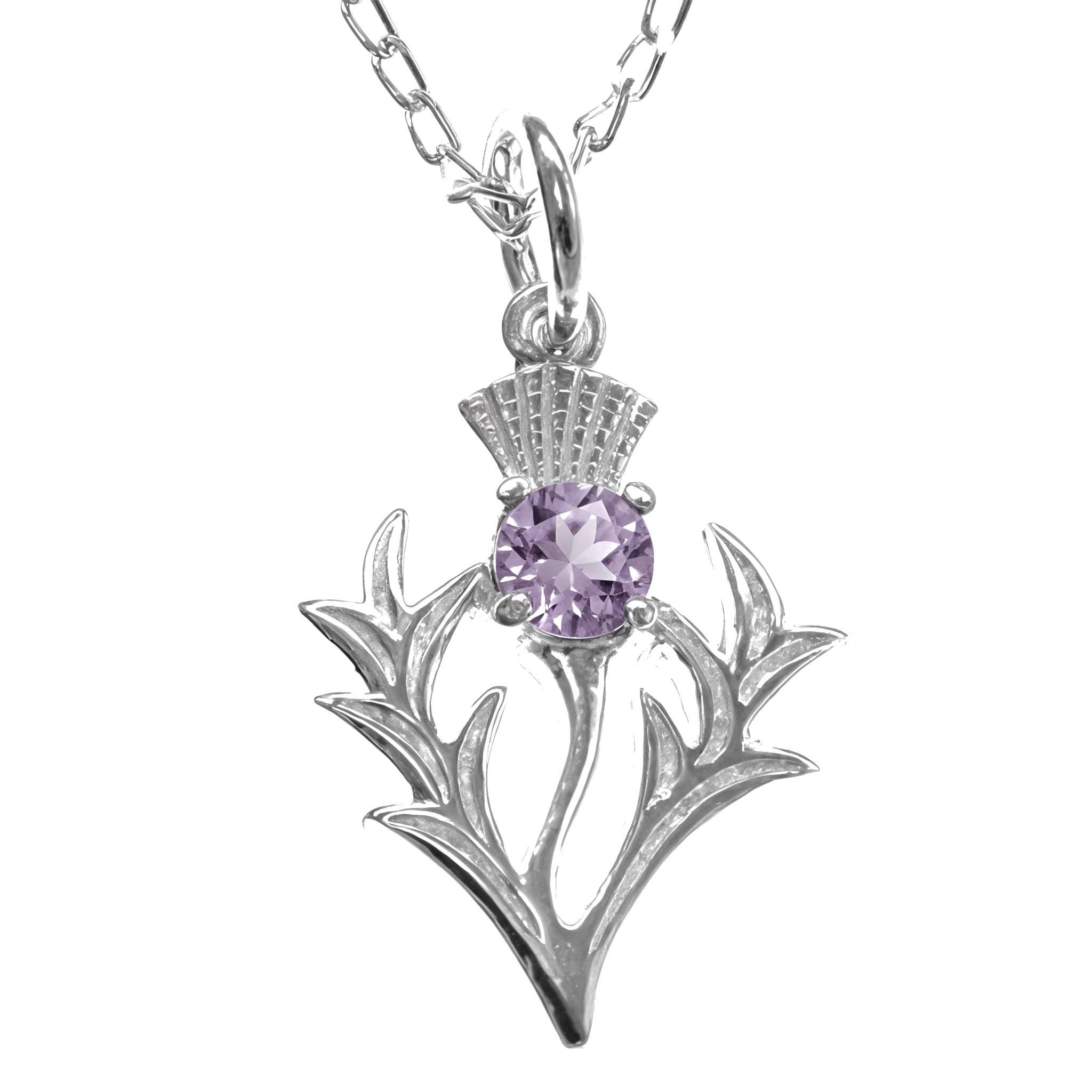Alexander Castle 925 Sterling Silver Scottish Thistle & Real Amethyst Pendant Necklace 20mm x 16mm Pendant with 18" Silver Chain & Jewellery Gift Box - Scottish Gifts for Women